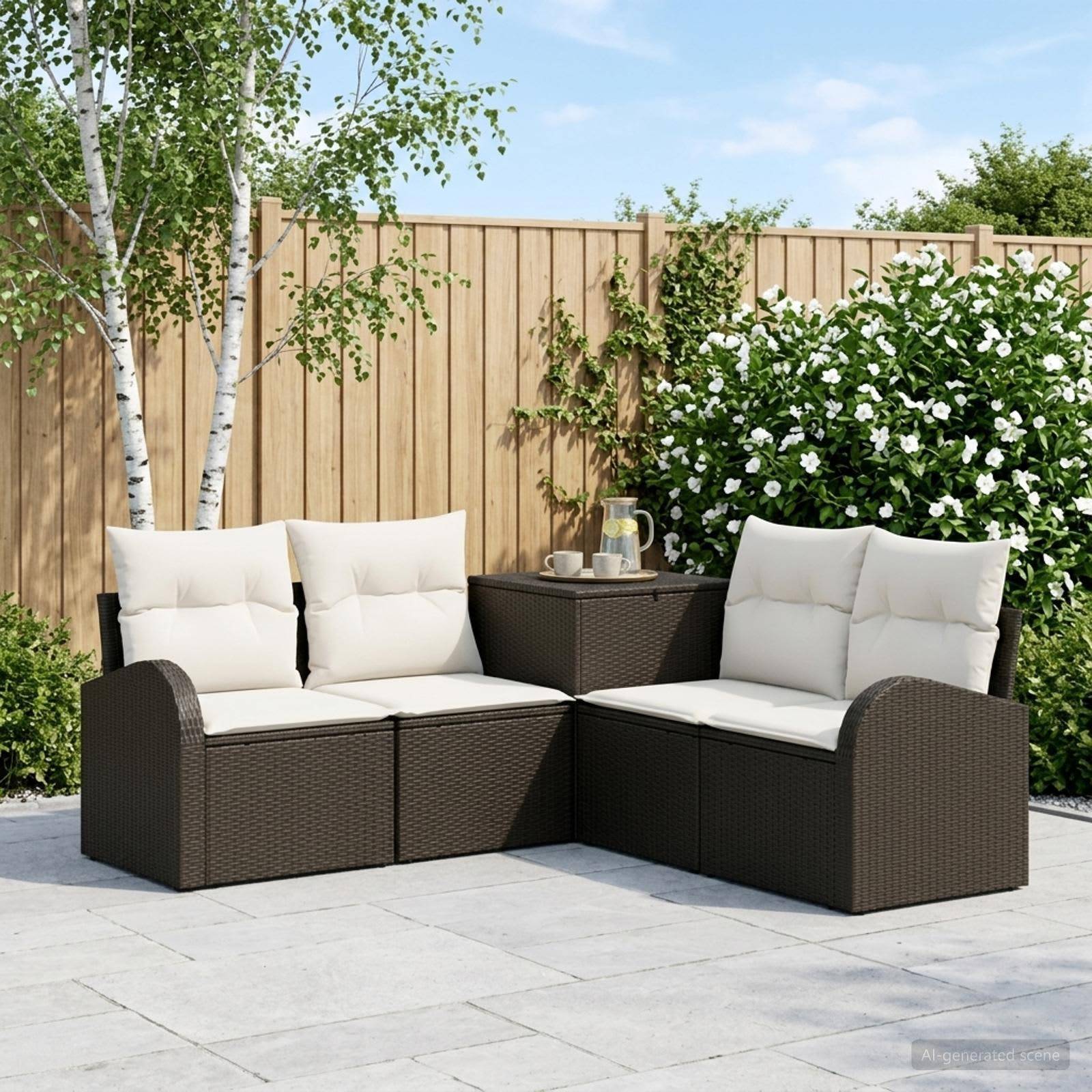 Outdoor-Terrassensektional mit cremefarbenen Kissen und dunklem Rattangestell, angeordnet um einen kleinen Beistelltisch in einer eingezäunten Gartenanlage.