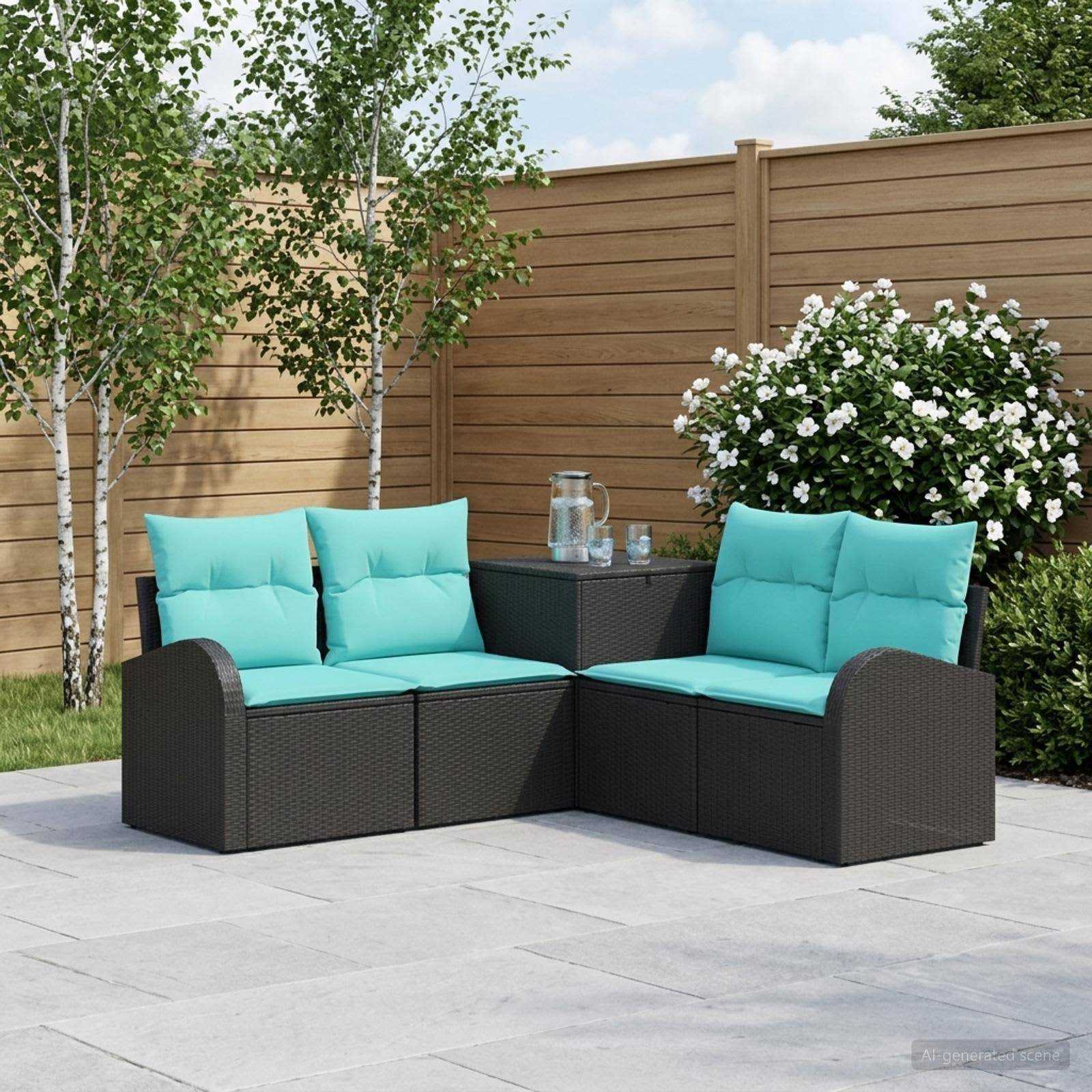 Outdoor-Terrassenmöbel-Set mit zwei schwarzen Rattanstühlen, türkisfarbenen Kissen und einem kleinen Tisch neben einem Holzzaun und einem blühenden Strauch.