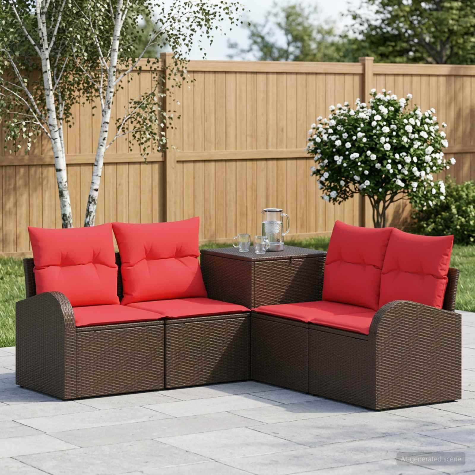 Braunes Rattan-Außen-Ecksofa mit leuchtend roten Kissen und einem kleinen passenden Tisch auf einer Terrasse in einem eingezäunten Hinterhof.