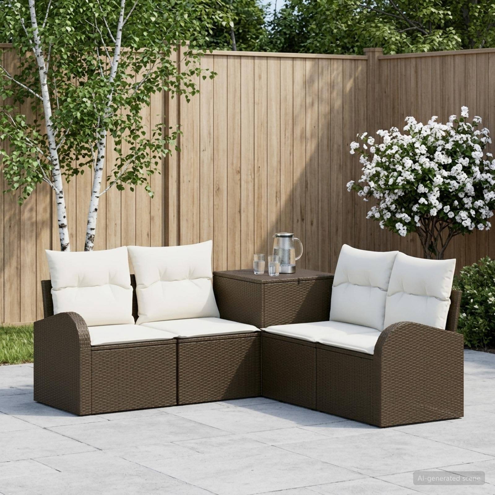 Outdoor-Terrassenmöbel-Set mit braunem Rattan-Ecksofa, weißen Kissen und einem kleinen Tisch neben einem Holzzaun und blühenden Sträuchern.
