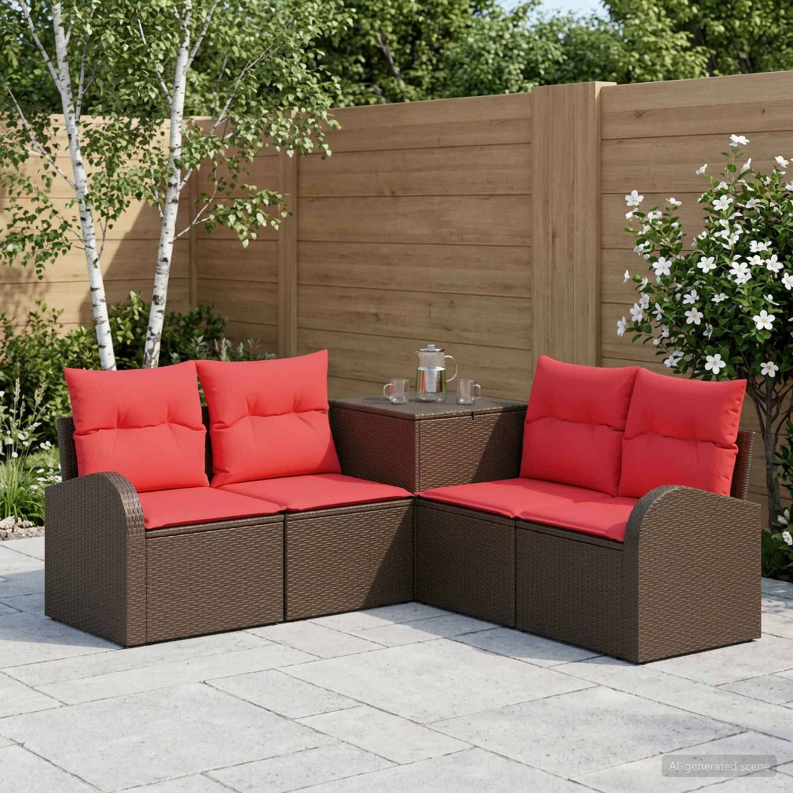 Ecksofa-Set für die Terrasse im Freien mit braunem geflochtenem Rahmen und leuchtend roten Kissen, angeordnet neben einem kleinen Tisch und Trinkgeschirr vor einem Holzzaun.