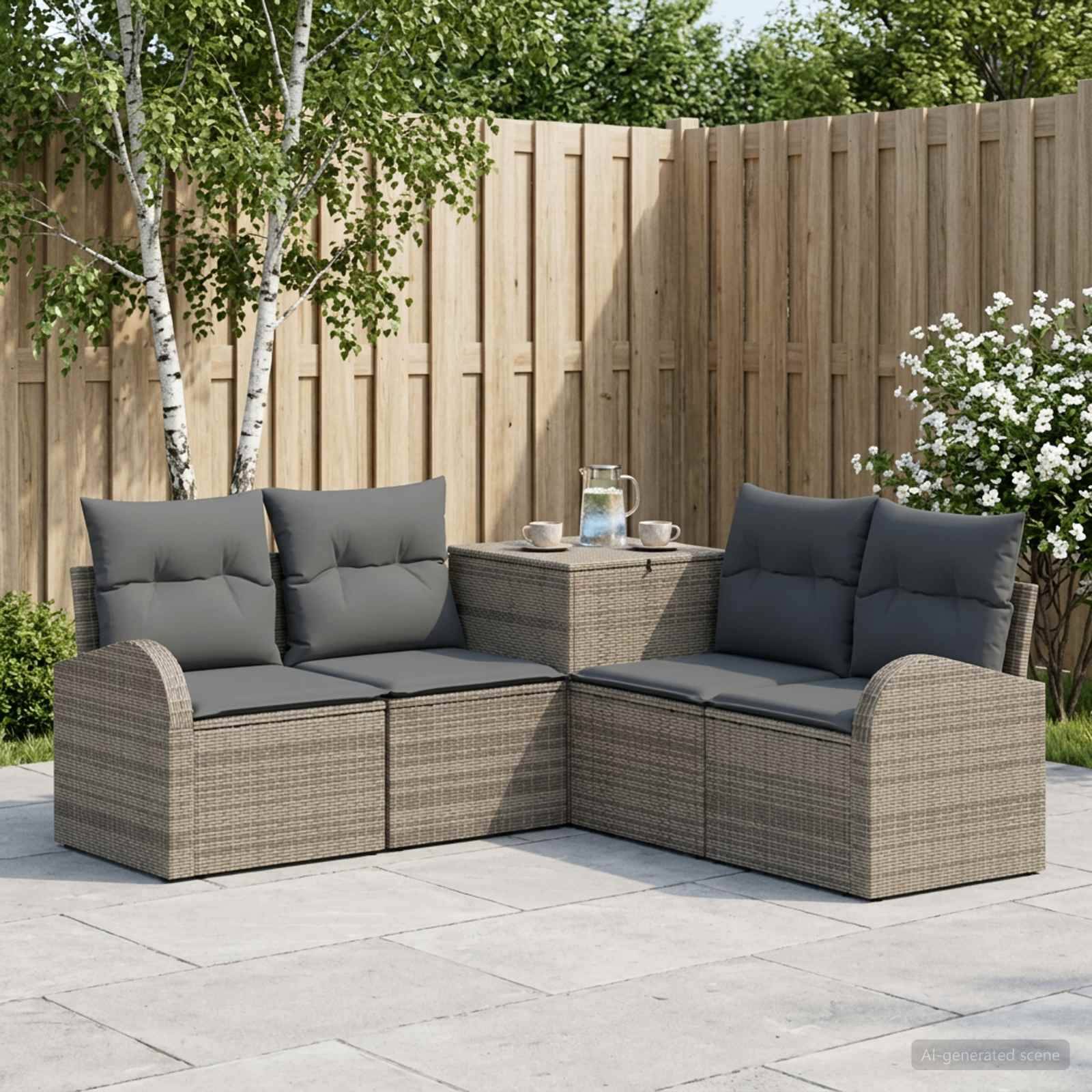 Außen-Patio-Ecksofa-Set mit grauen Kissen und einem Korb-Couchtisch auf einer gepflasterten Hinterhof-Terrasse, umrahmt von einem Holzzaun und Pflanzen.