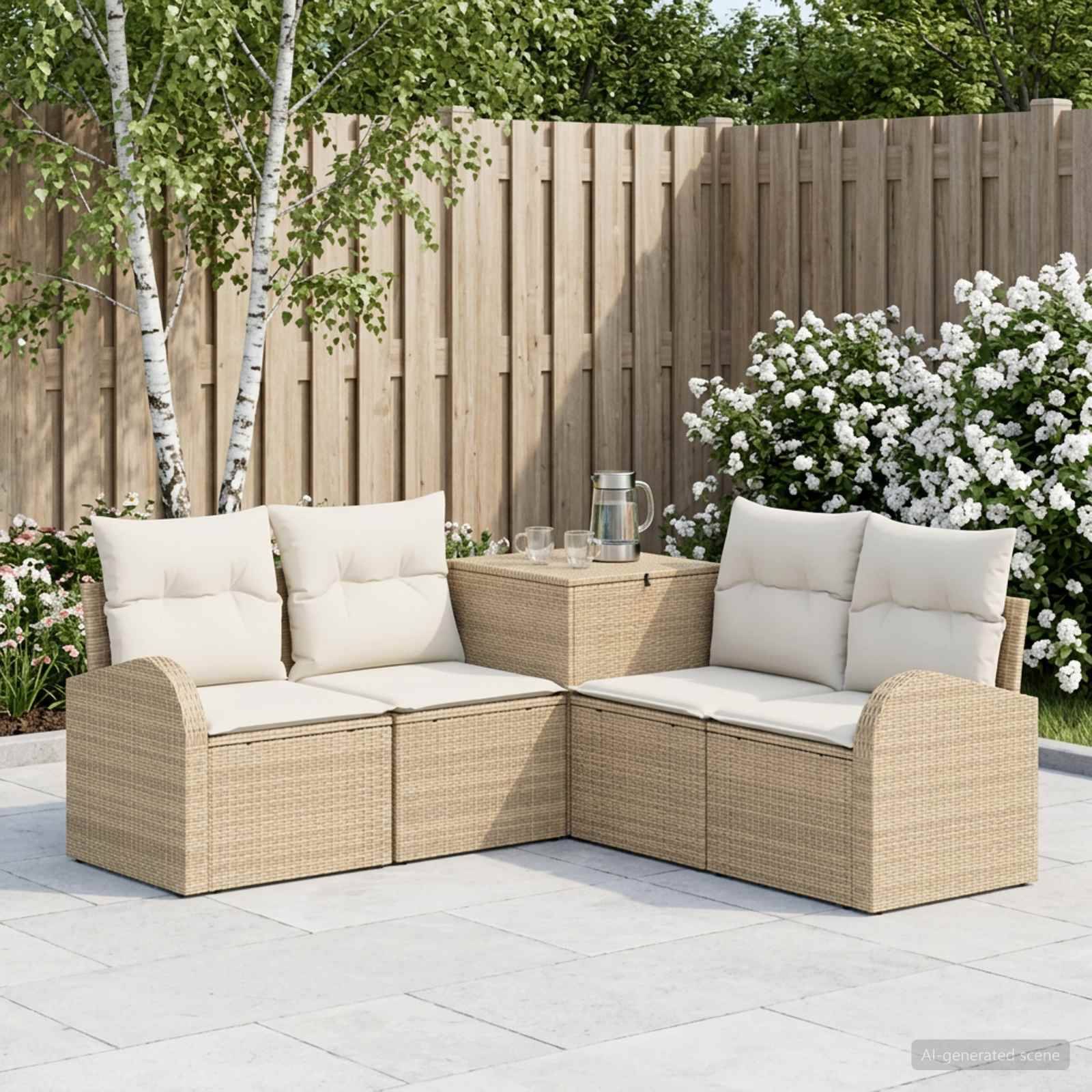 Outdoor-Sektionalsofa aus Rattan mit cremefarbenen Kissen um einen kleinen Tisch, auf einer gekachelten Terrasse neben einem Holzzaun und blühenden Sträuchern.