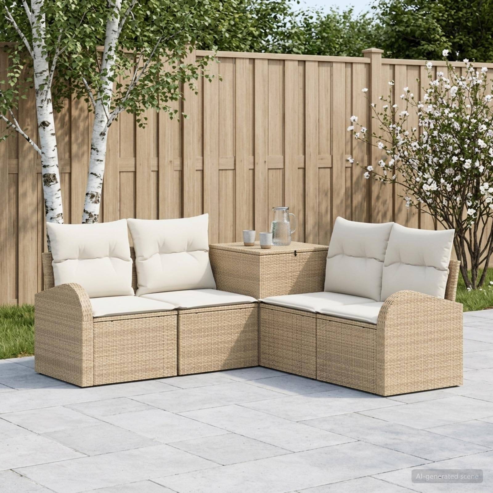 Outdoor-Rattangarnitur für die Terrasse mit cremefarbenen Kissen und kleinem passendem Tisch auf einer Steinterrasse neben einem Holzzaun und Bäumen.