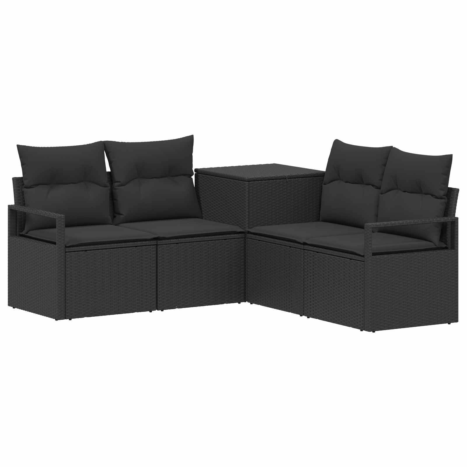 Schwarzes Outdoor-Sectional-Sofa-Set mit Kissen und passendem quadratischem Couchtisch auf weißem Hintergrund.
