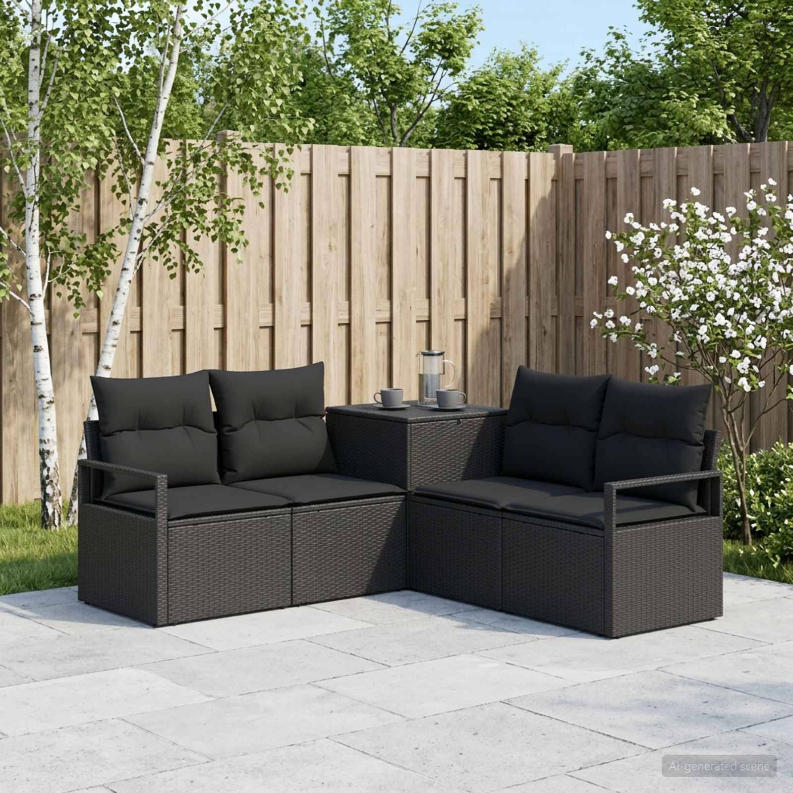 Outdoor-Sitzgarnitur auf der Terrasse mit zwei schwarzen Korb-Zweisitzern und einem kleinen Eckentisch auf einer Steinplattform, mit Holzzaun und Gartenpflanzen im Hintergrund.