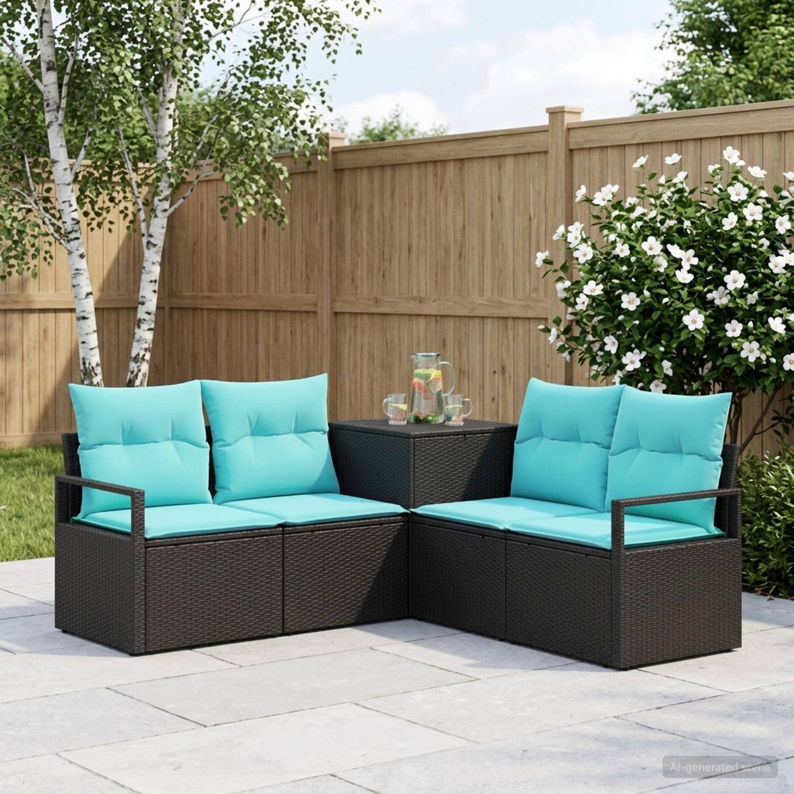 Outdoor-Terrassensitzgruppe mit zwei schwarzen Korbliebessitzen, türkisfarbenen Kissen und einem kleinen quadratischen Tisch in einem eingezäunten Garten.