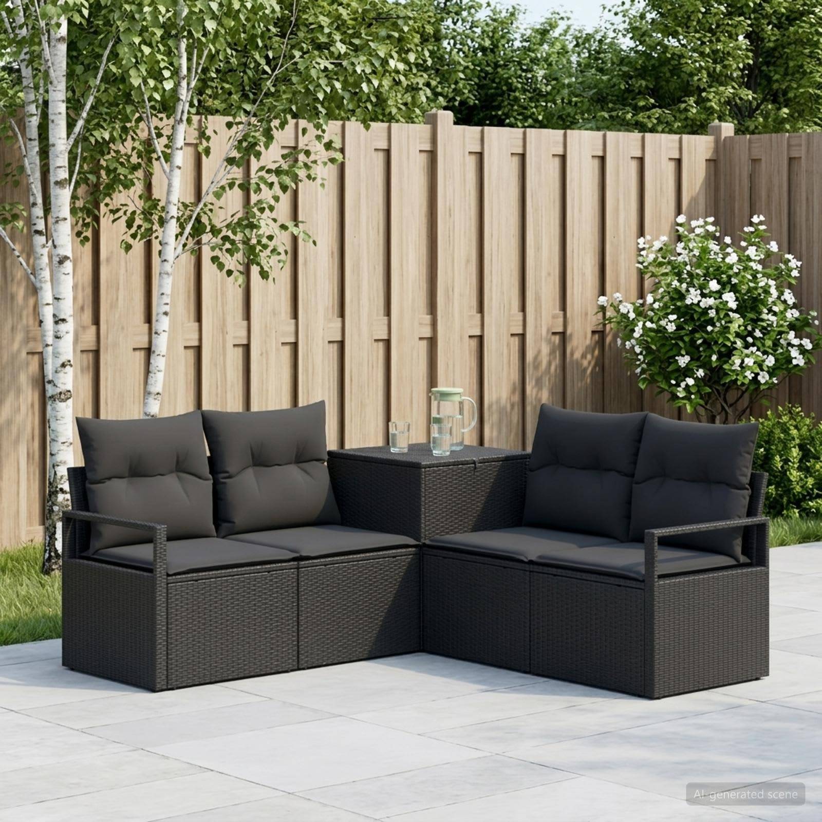 Terrasse im Freien mit schwarzer Korbsektionalcouch, kleinem Tisch und Getränken neben einem Holzzaun und blühendem Strauch.