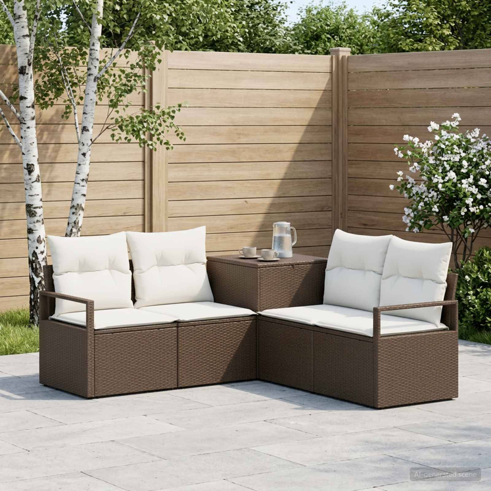 Gartenset für die Terrasse mit zwei Rattansesseln, weißen Kissen und einem kleinen passenden Beistelltisch auf einer gepflasterten Terrasse.