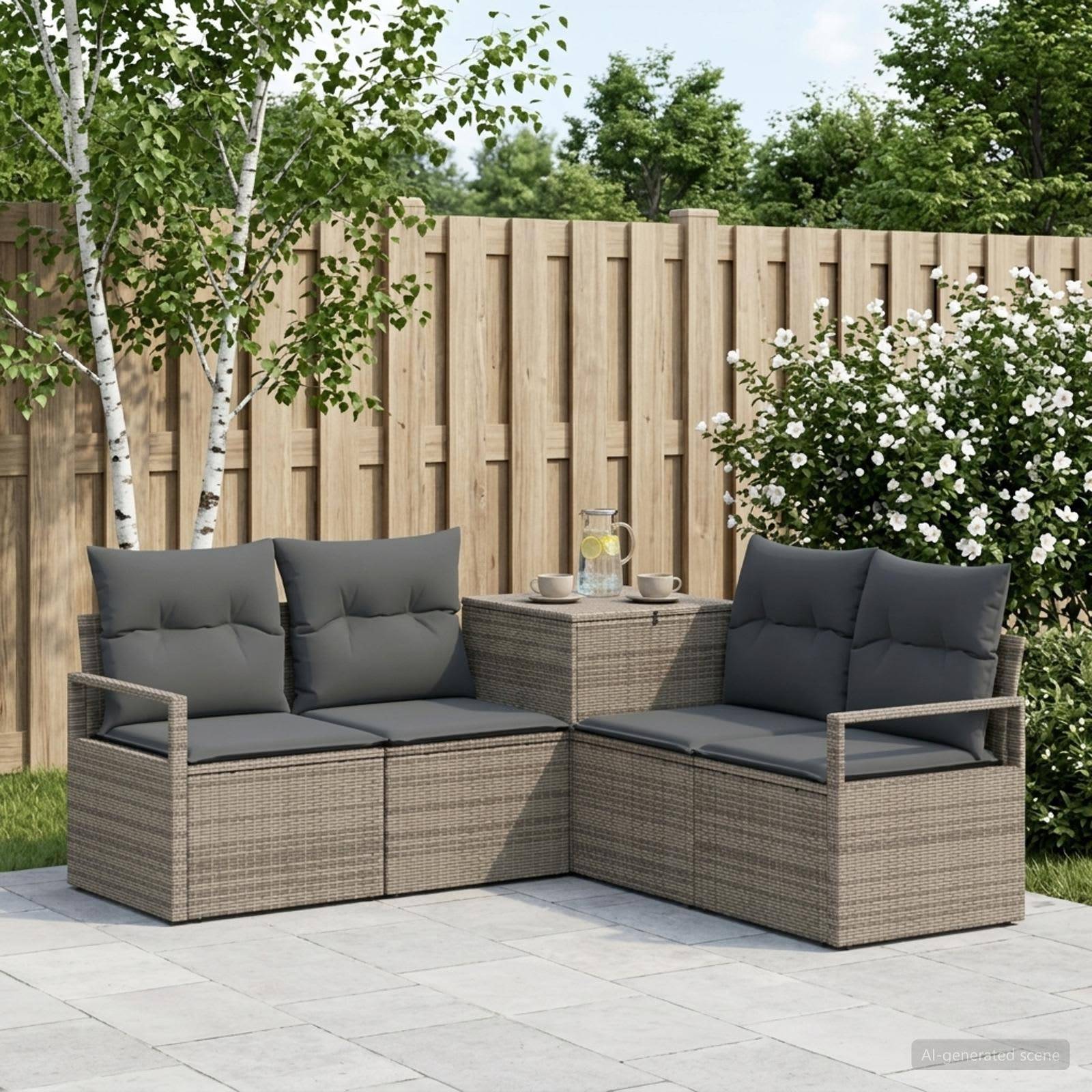 Außen-Terrassenmöbel-Set mit zwei grauen gepolsterten Rattansofas, die sich einem kleinen Tisch zuwenden, neben einem Holzzaun und blühenden Sträuchern.
