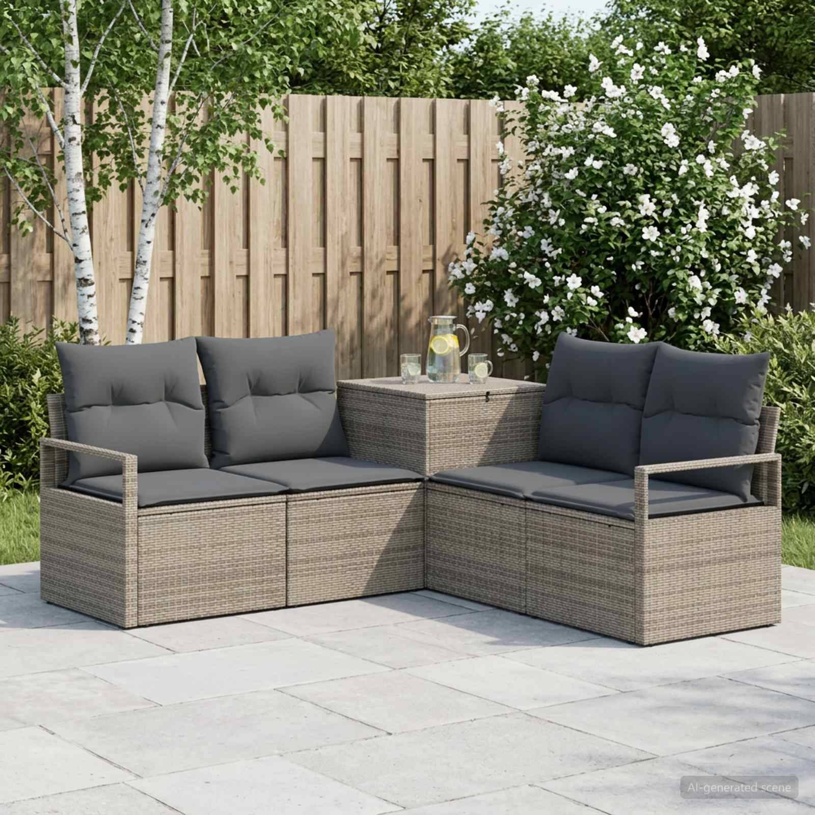 Outdoor-Sektionssofa aus hellem Rattan mit dunklen Kissen und einem kleinen passenden Tisch, auf einer gepflasterten Terasse im Hinterhof mit Pflanzen und einem Holzzaun.