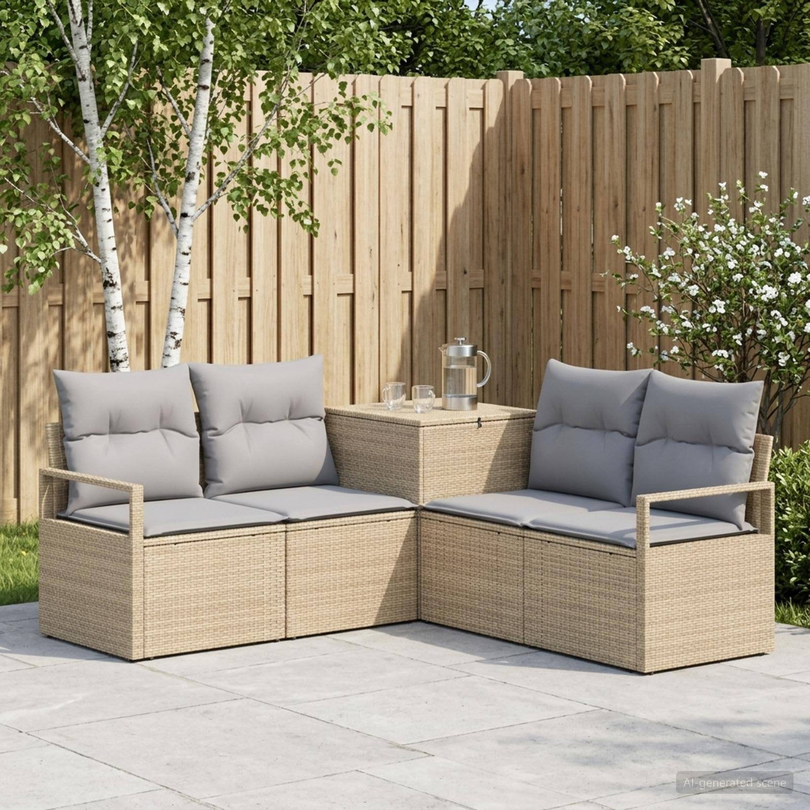 Gartenmöbelset für die Terrasse mit zwei beigen Korbmöbel-Sofas, grauen Kissen und einem kleinen Ecktisch in einem eingezäunten Gartenbereich.