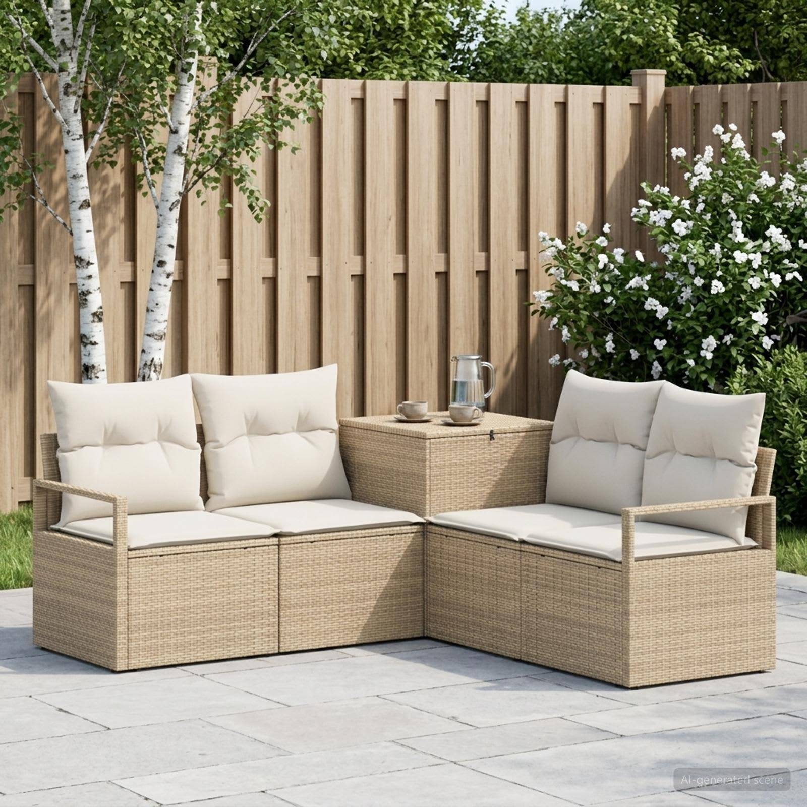 Outdoor-Rattan-Ecksofa-Set mit cremefarbenen Kissen um einen kleinen Tisch auf einer Terrasse, neben einem Holzzaun und blühenden Sträuchern.