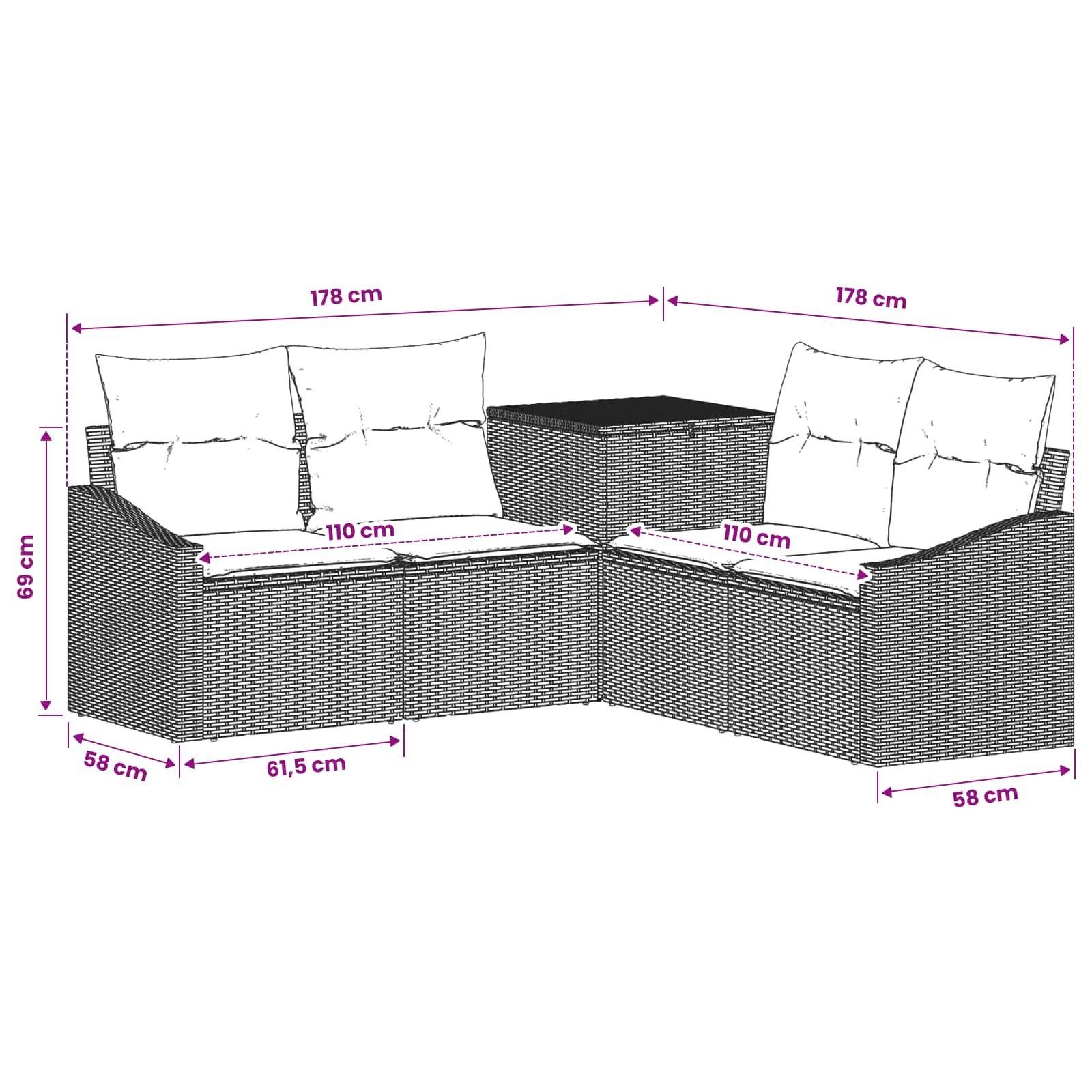 Diagramm eines L-förmigen Outdoor-Rattansofas mit zentralem Tisch und Kissen, mit Abmessungen: 178 cm breite Abschnitte, 69 cm hoch, 58 cm tief, 110 cm Sitzbreite, 61,5 cm Basisbreite.