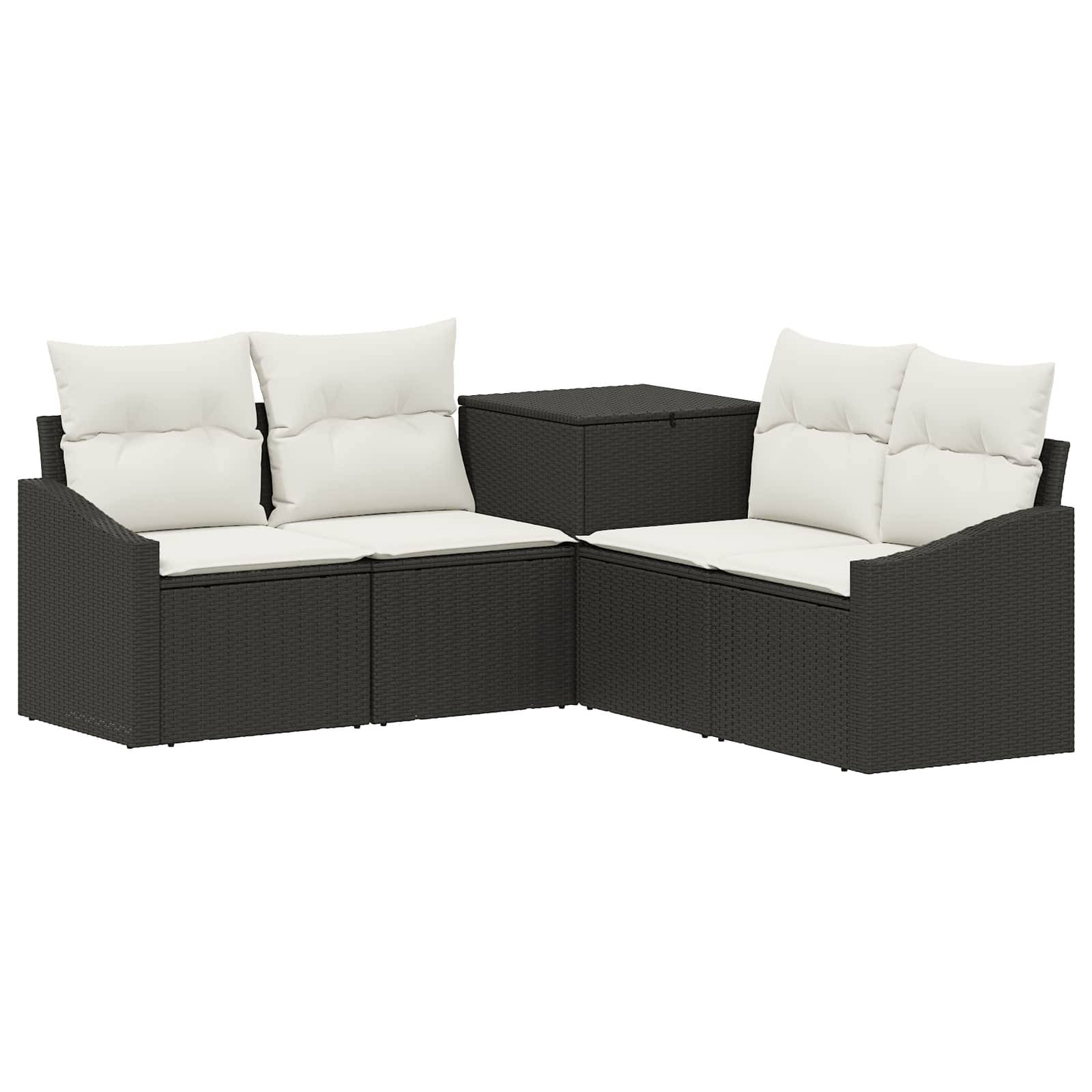 Schwarzes Rattan-Außenbereichs-Ecksofa-Set mit weißen Kissen und passendem Ecktisch