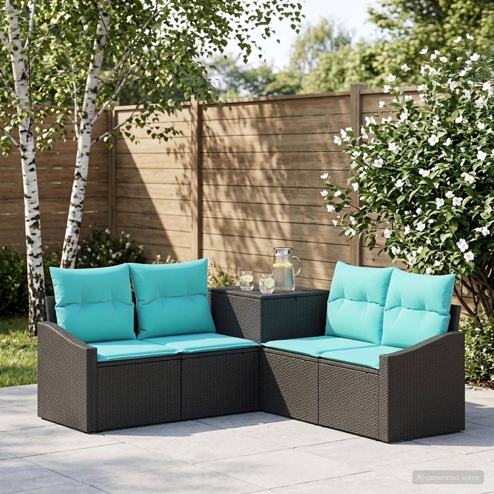 Outdoor-Terrassenmöbel mit zwei dunklen Polyrattan-Sofas und türkisfarbenen Kissen um einen kleinen Tisch mit einer Kanne und Gläsern angeordnet, neben einem Holzzaun und blühenden Sträuchern.