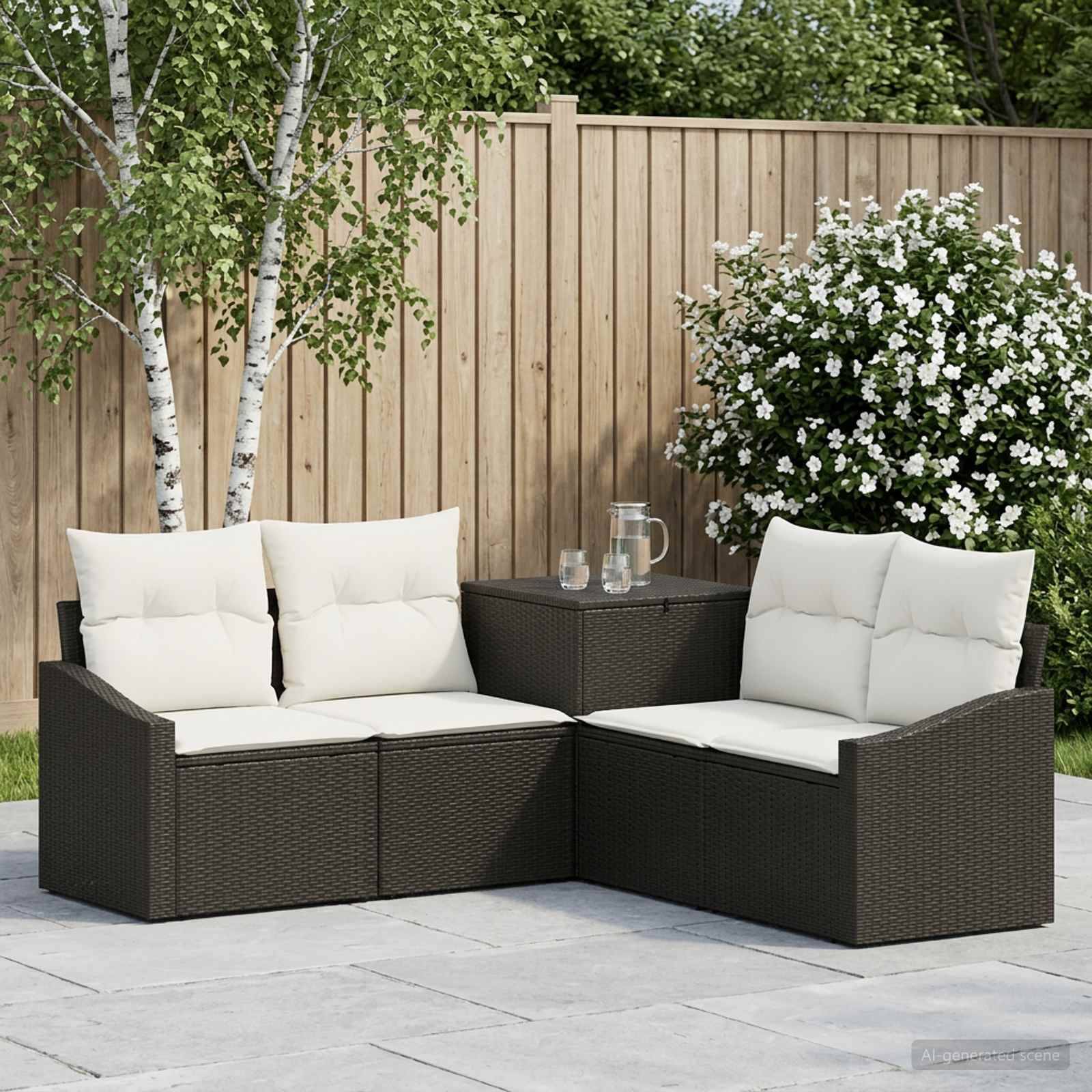 Outdoor-Terrassensitzgruppe mit dunklem Rattanrahmen und weißen Kissen, angeordnet um einen kleinen Tisch neben einem Holzzaun, einer Birke und einem blühenden Strauch.