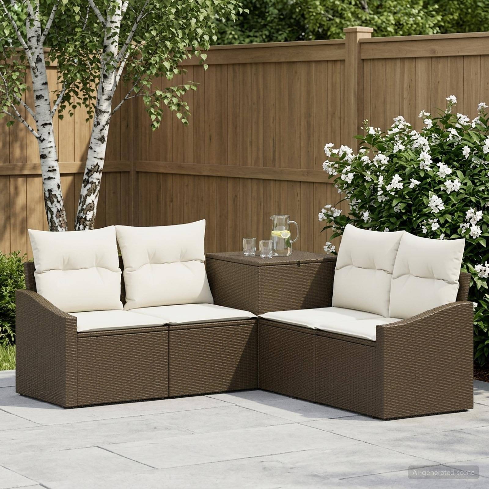 Outdoor-Sitzgarnitur mit braunem Polyrattan-Zweisitzer und Sesseln, weißen Kissen und einem kleinen passenden Beistelltisch auf einer Steinterrasse neben einem Holzzaun und blühenden Sträuchern.