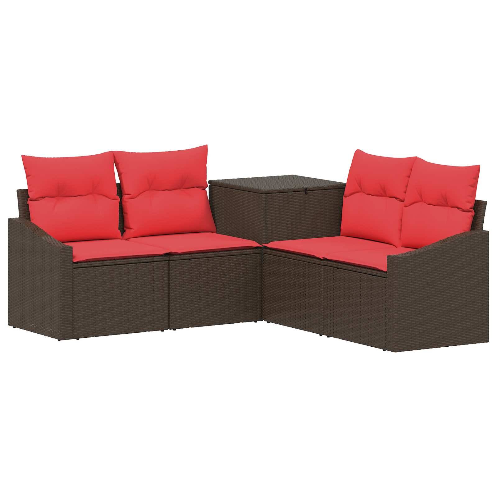Braunes Korb-Außensektional-Sofa mit roten Kissen und einem passenden Ecktisch, dargestellt auf weißem Hintergrund.