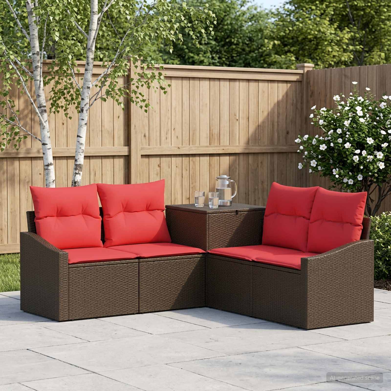 Outdoor-Terrassensektional aus Rattan mit leuchtend roten Kissen und einem kleinen Tisch, auf einem gepflasterten Hinterhof neben einem Holzzaun und blühenden Sträuchern aufgestellt.
