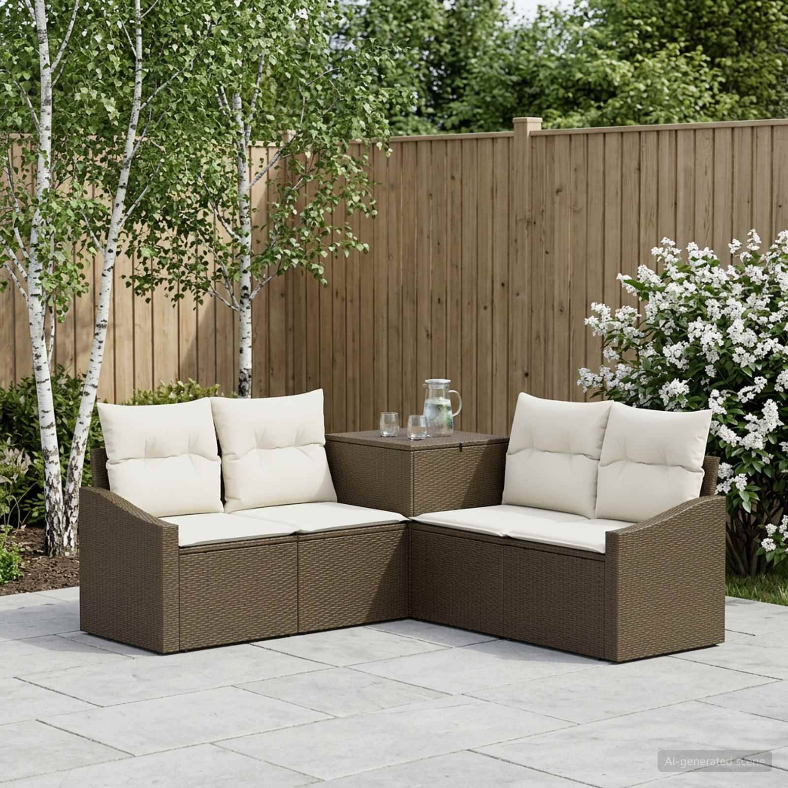 Gartenmöbel-Set für die Terrasse mit brauner Rattanliege und Sesseln, cremefarbenen Kissen und einem kleinen Tisch neben einem Holzzaun und blühenden Sträuchern.