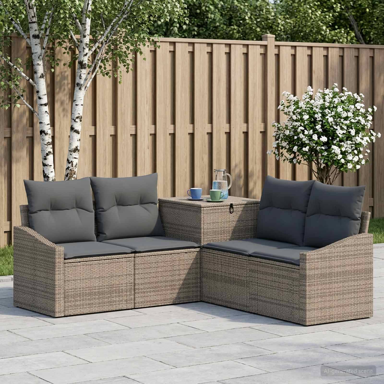 Zwei Flechtoutdoor-Sofas bilden ein L-förmiges Terrassenmöbelset mit dunklen Kissen, einem kleinen Tisch und Blumen vor einem Holzzaun.
