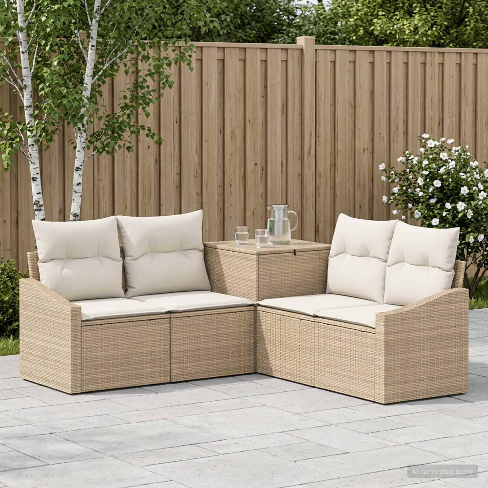 Outdoor-Rattanecksofa mit cremefarbenen Kissen und passendem Tisch auf einer Terrasse, gezeigt vor einem Holzzaun und Gartengrün.