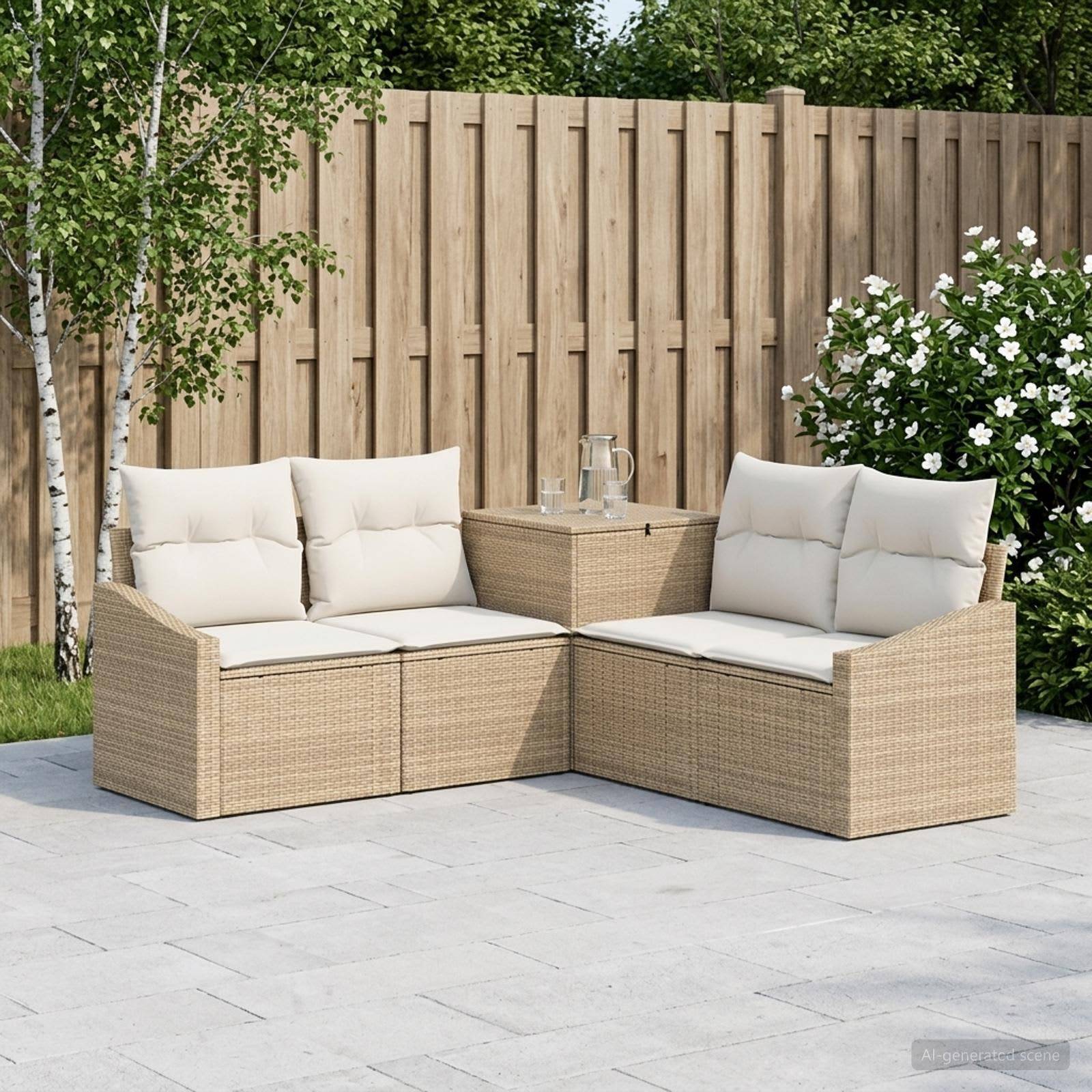 Gartenbesteck für Außenpatio mit zwei Korbsofas, cremefarbenen Kissen und einem passenden Ecktisch auf einer Steinterrasse neben einem Holzzaun und Blumen.