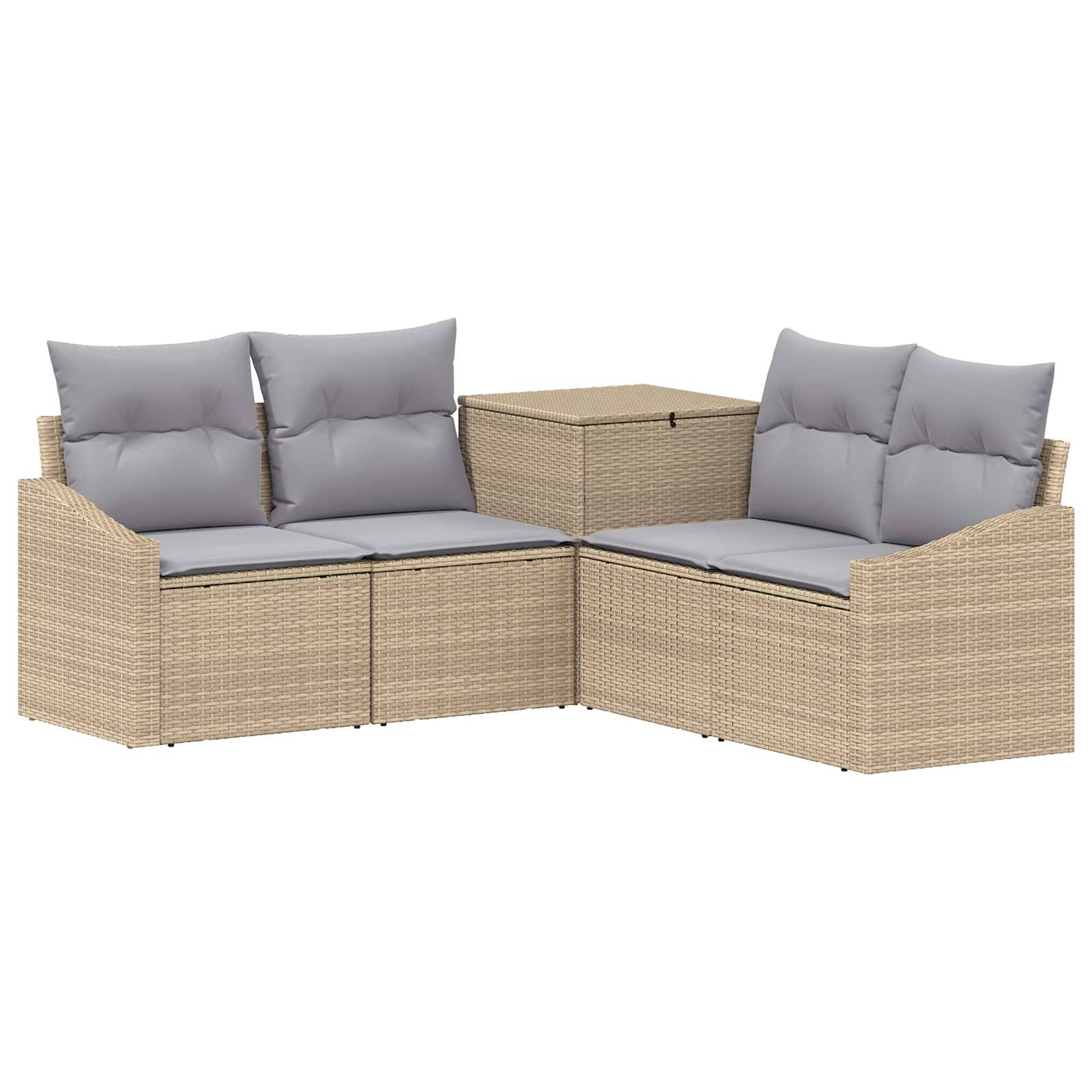 L-förmiges Rattan-Gartensessel-Set mit grauen Kissen und einem passenden quadratischen Couchtisch auf weißem Hintergrund.