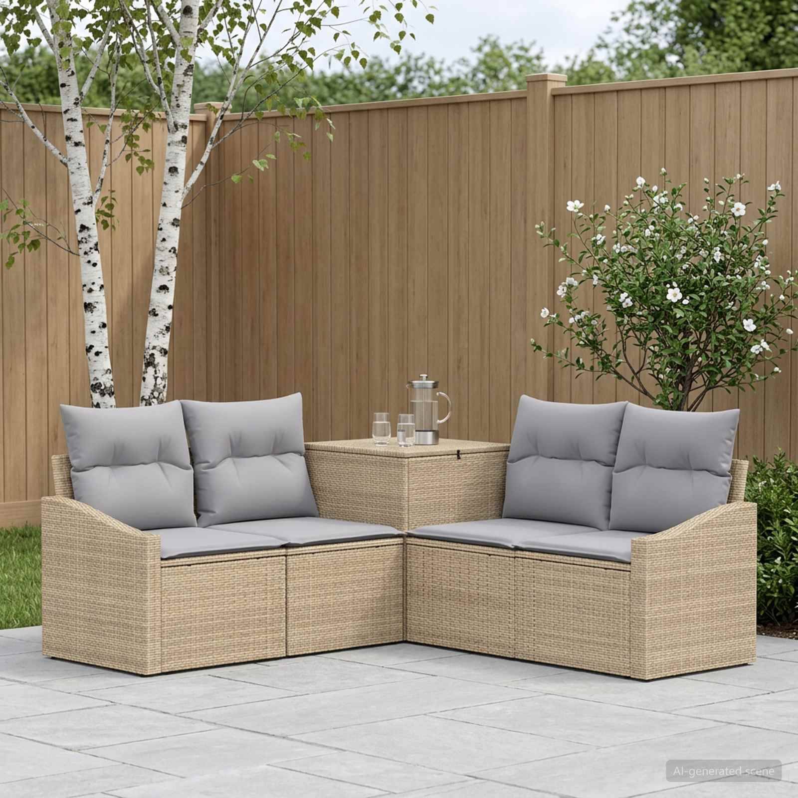 Außenpatio-Set mit zwei beigen Rattan-Ecksofa, grauen Kissen und einem passenden Tisch mit einer Kaffeekanne und Gläsern, vor einem Holzzaun und Bäumen.
