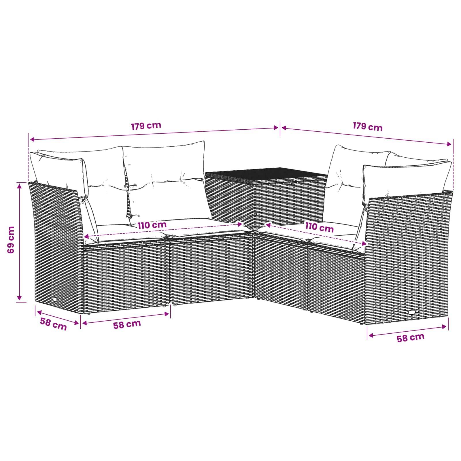 Eckiges Rattanpolstersofa für die Terrasse mit zwei gepolsterten Sitzplätzen und passendem Tisch, gezeigt mit Abmessungen: 179 cm breite Abschnitte, 69 cm hoch, 58 cm tief, 110 cm Sitzbreite.