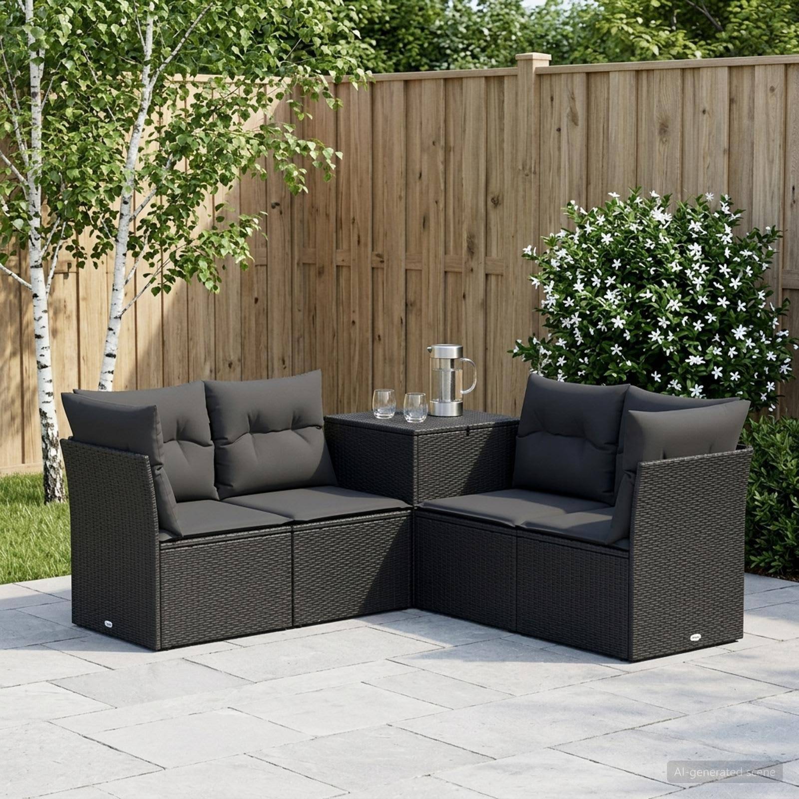 Outdoor-Terrassenmöbelset mit zwei dunklen Korbsofas, Kissen und einem kleinen Tisch neben einem Holzzaun und Sträuchern.