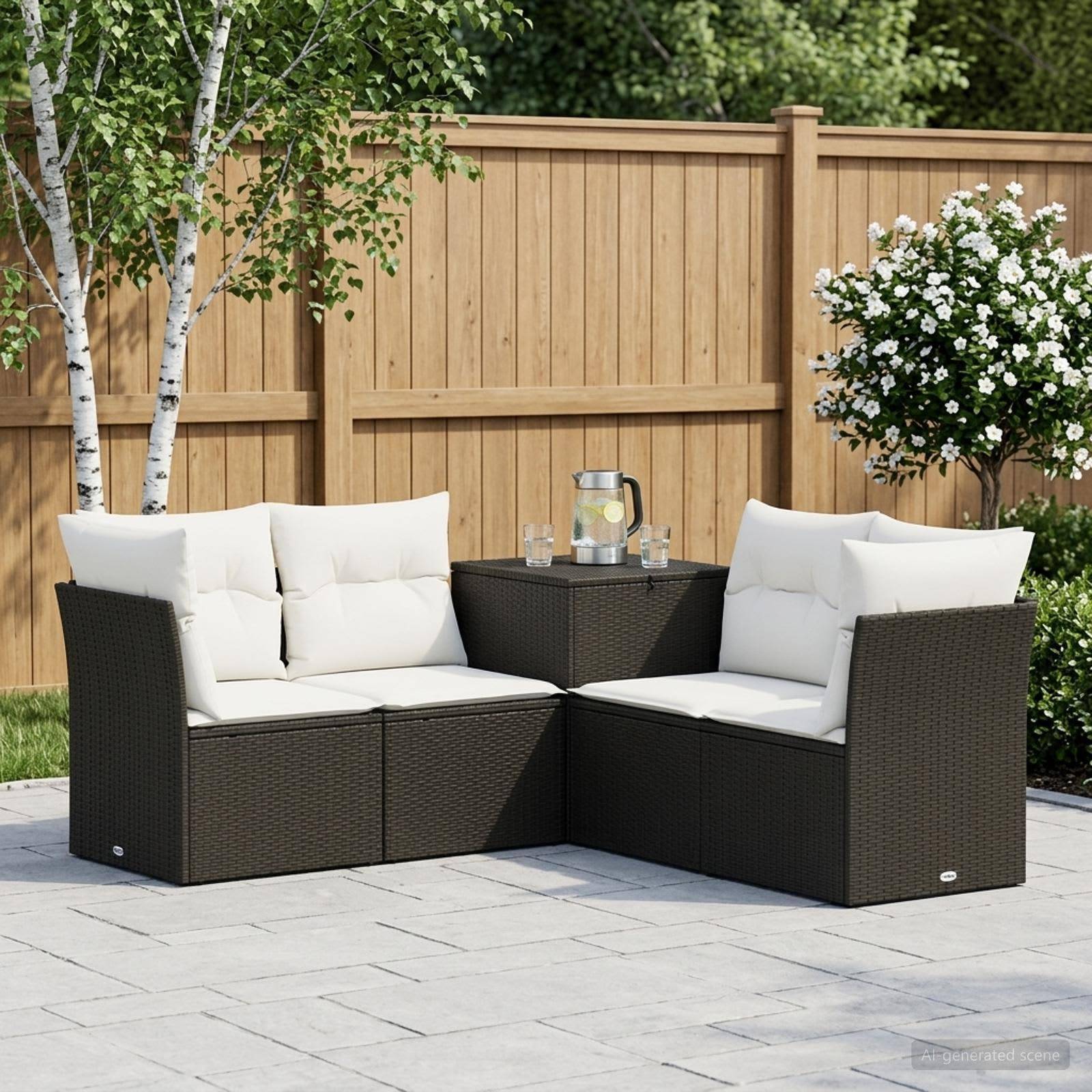 Gartenmöbel-Set für die Terrasse mit zwei dunklen Korbsofas, weißen Kissen und einem kleinen passenden Tisch in einem eingezäunten Garten.