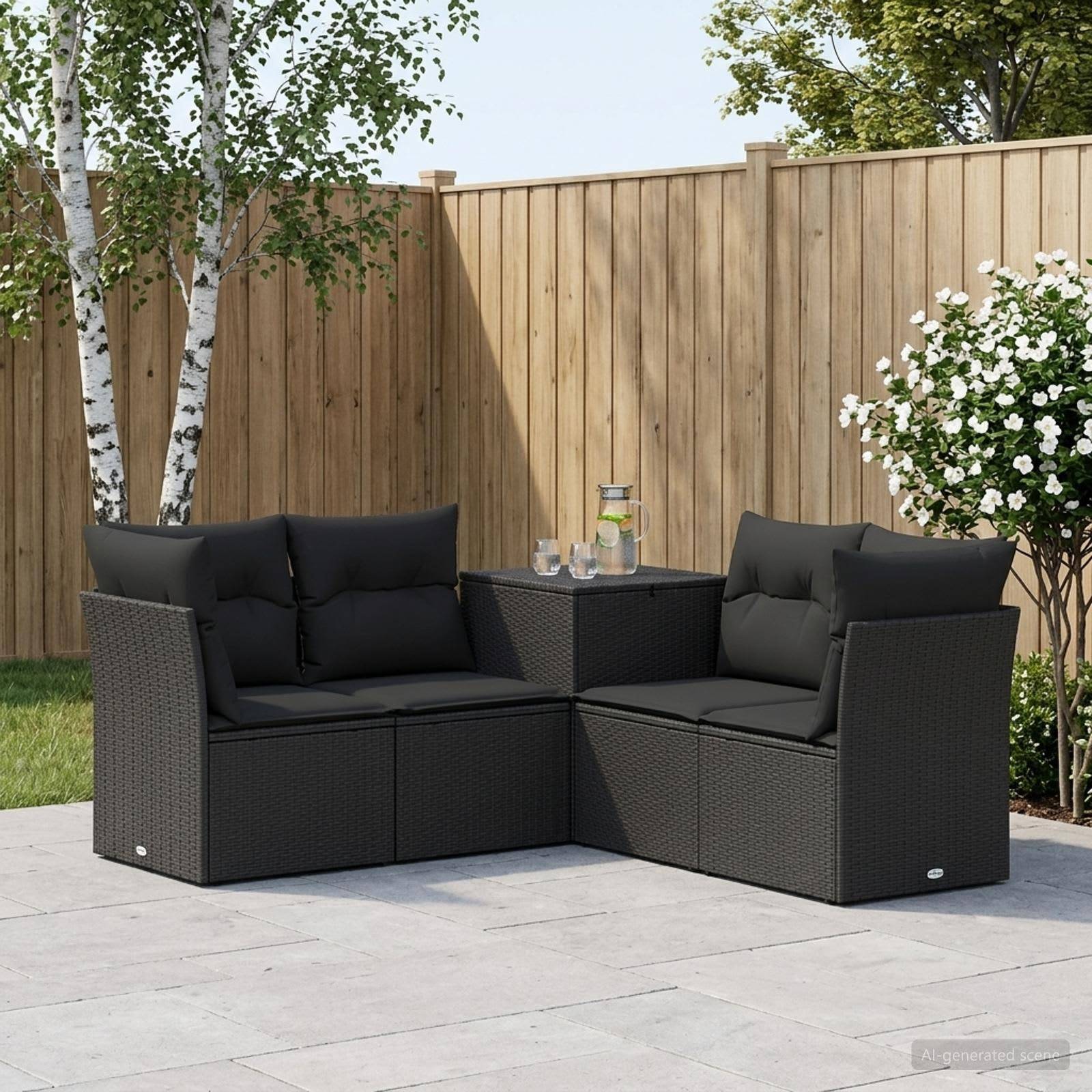 Gartenmöbel-Set für die Terrasse mit zwei schwarzen gepolsterten Korbstühlen um einen Ecktisch herum, auf einer gepflasterten Hofterrasse mit Holzzaun und Bäumen.