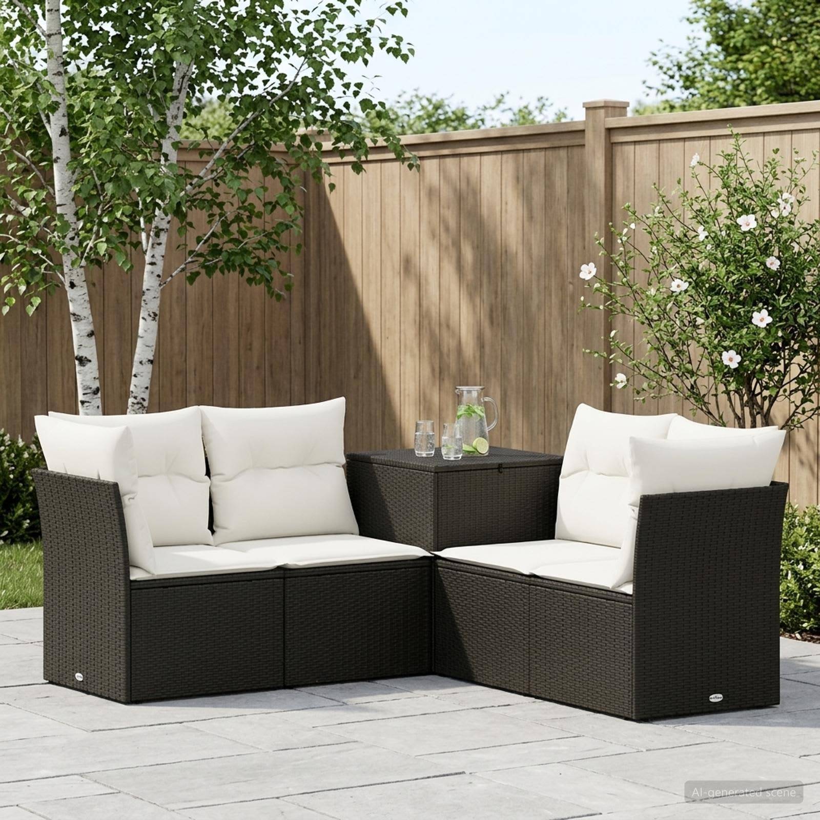 Zwei Korbgartenstühle mit weißen Kissen und ein kleiner Beistelltisch auf einer eingezäunten Terrassenfläche im Garten.
