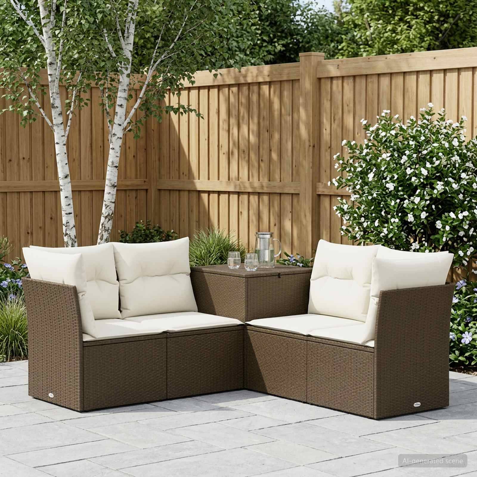 Zwei braune Korbstühle im Freien mit cremefarbenen Kissen und ein kleiner passender Tisch stehen auf einer Terrasse in einem eingezäunten Garten.