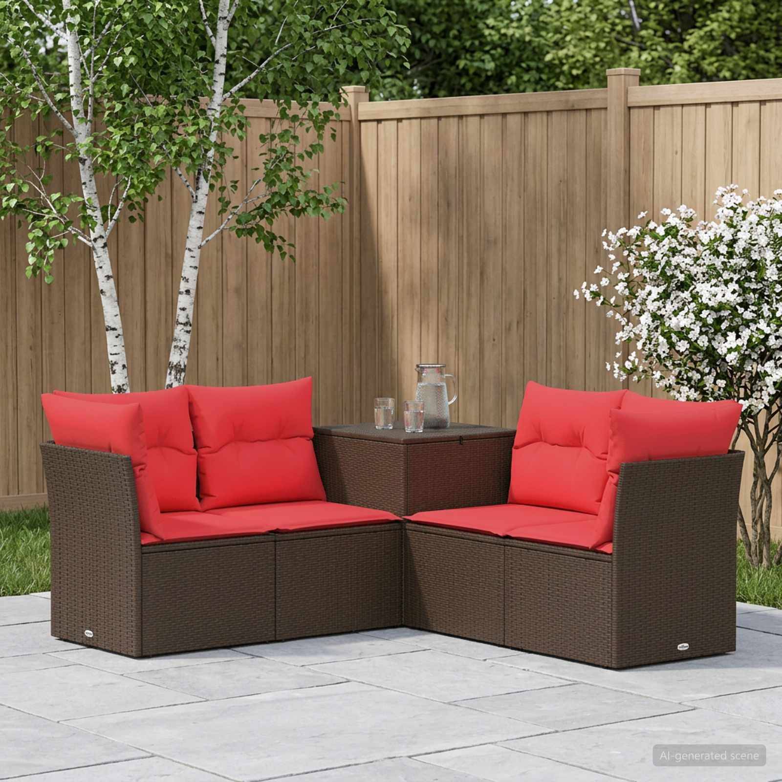 Outdoor-Sitzgarnitur mit zwei braunen Rattanecksesseln und leuchtend roten Kissen um einen kleinen Tisch herum, neben einem Holzzaun und blühenden Sträuchern.