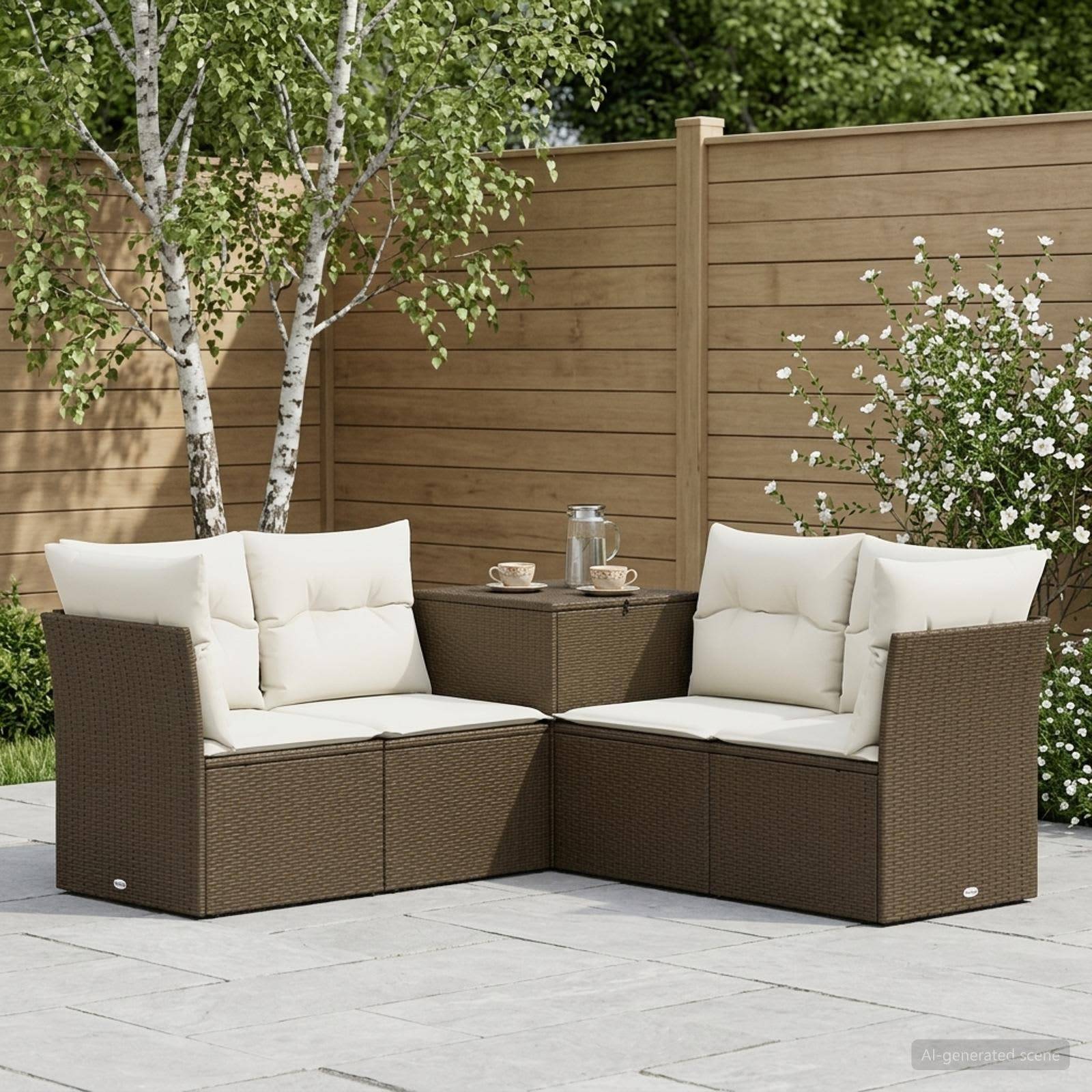 Zwei gepolsterte Outdoor-Liegestühle mit einem kleinen Eckentisch, aufgestellt auf einer Terrasse neben einem Holzzaun und blühenden Sträuchern.