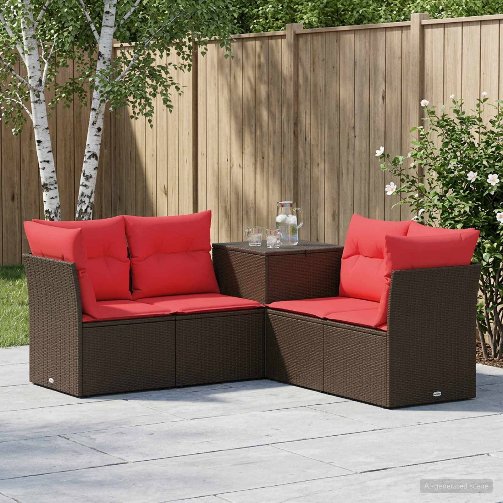 Outdoor-Sitzgarnitur für die Terrasse mit zwei rotgepolsterten Korbstühlen, einem passenden Ecktisch und einer Glaskrug gegen einen Holzzaun.