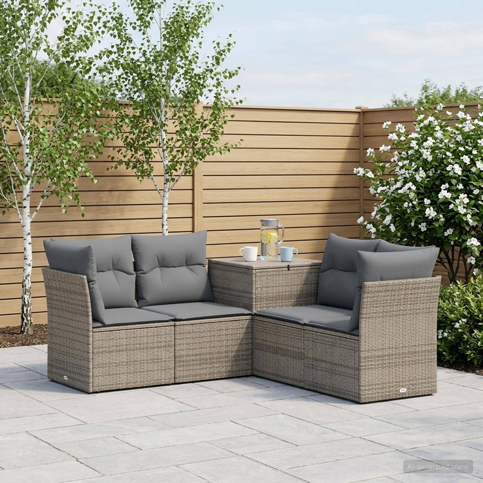 Outdoor-Sitzkombination auf der Terrasse mit zwei grauen Rattanliebessitzen und einem kleinen Tisch, angeordnet neben einem Holzzaun und Bäumen.