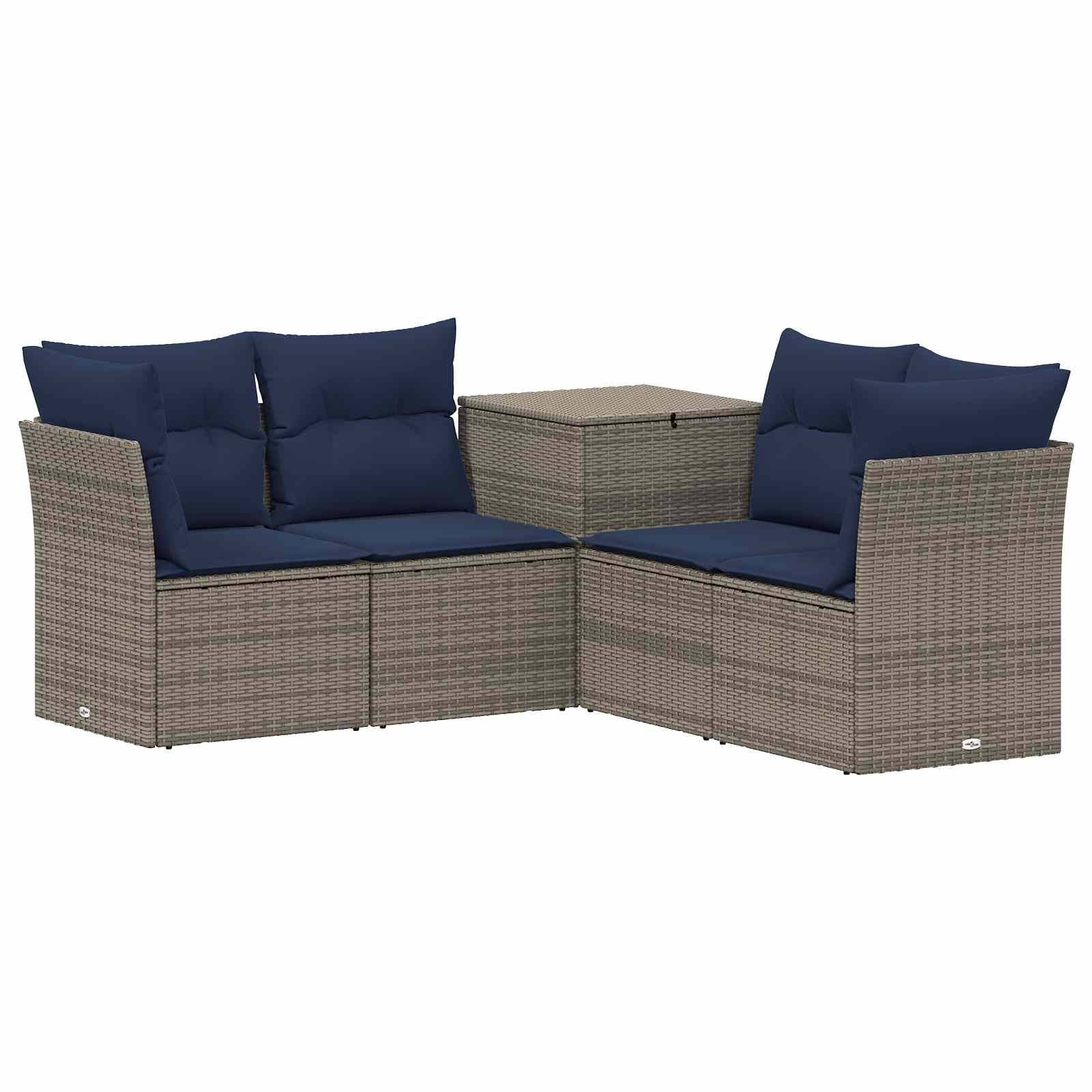 Braunes Rattanausseneck-Sofaset mit marineblauen Kissen und passendem quadratischen Tisch