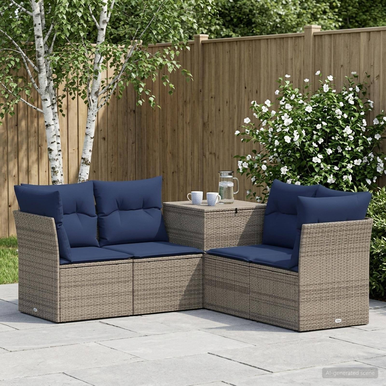Gartenmöbel-Gesprächsgarnitur mit zwei geflochtenen Rattansofas, marineblauen Kissen und einem kleinen passenden Tisch auf einer Steinterrasse neben einem Holzzaun und blühenden Sträuchern.