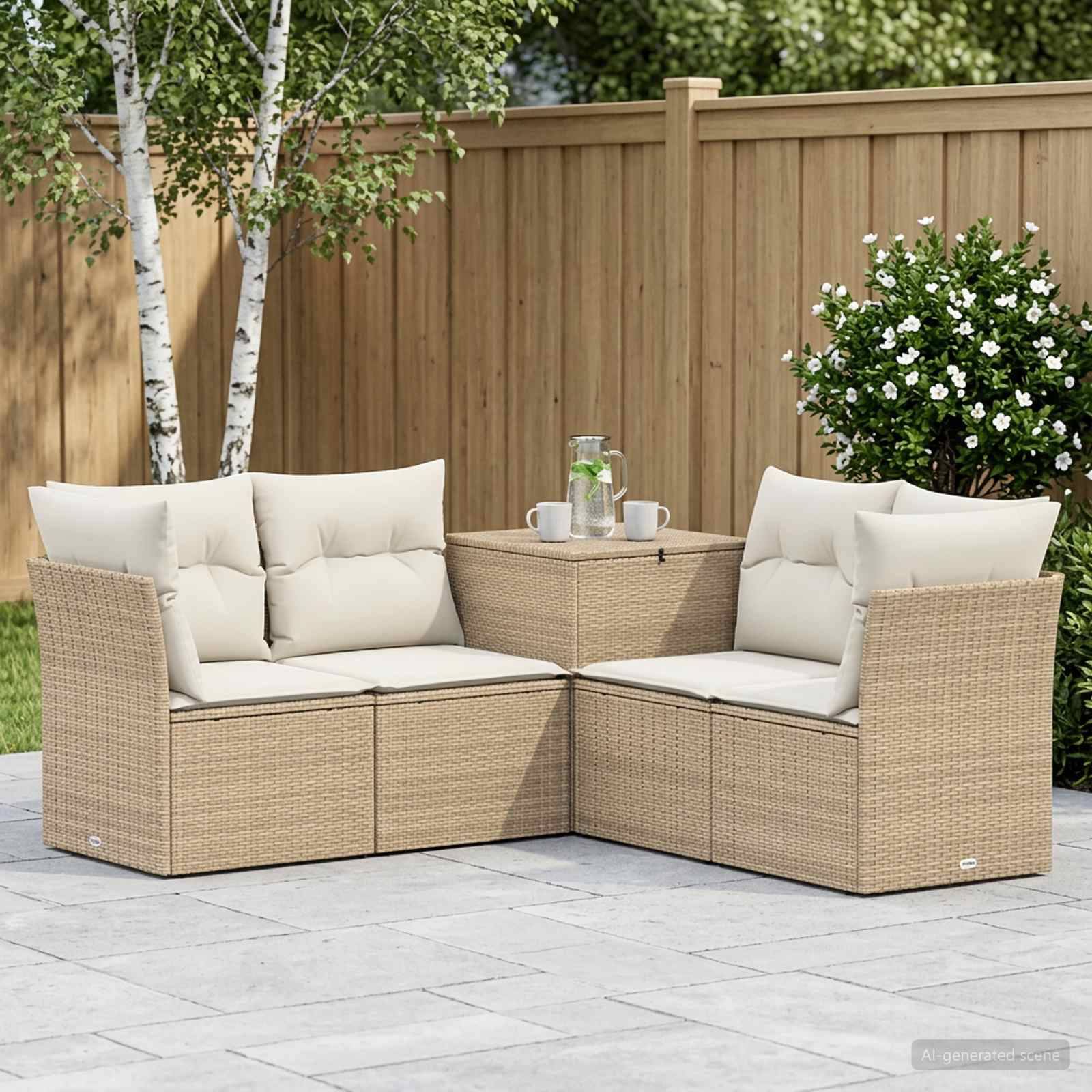 Zwei beige Flechtgartenliebesitze mit cremefarbenen Kissen bilden ein Eckbesatzset um einen kleinen Tisch auf einer Terrasse an einem Holzzaun.