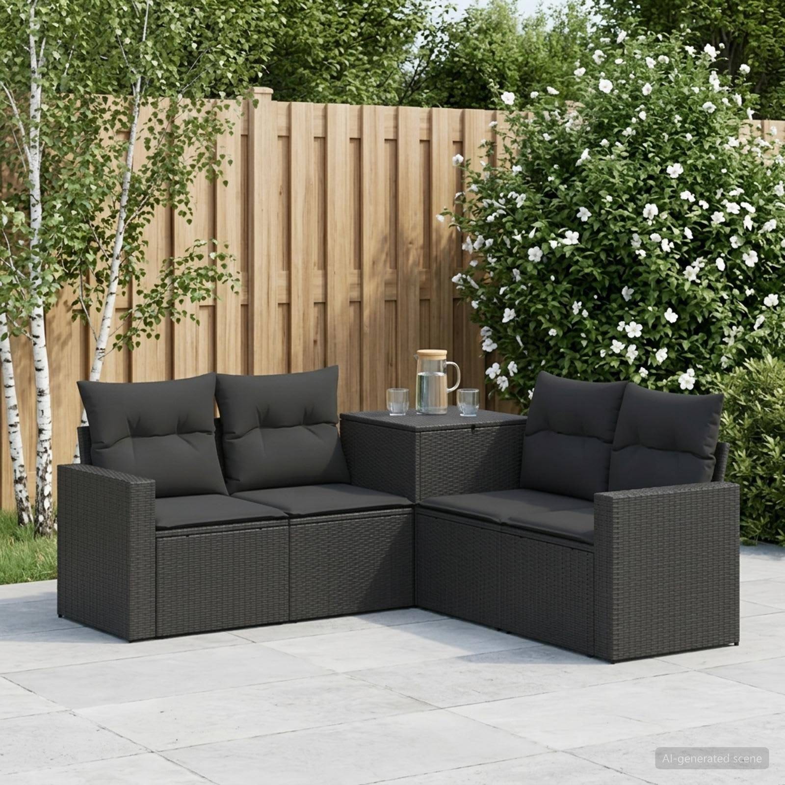 Schwarzes Gartensektionalsofa aus Flechtwerk mit Ecktisch und Kissen auf einer gepflasterten Terrasse, im Hintergrund ein Holzzaun und blühende Sträucher.