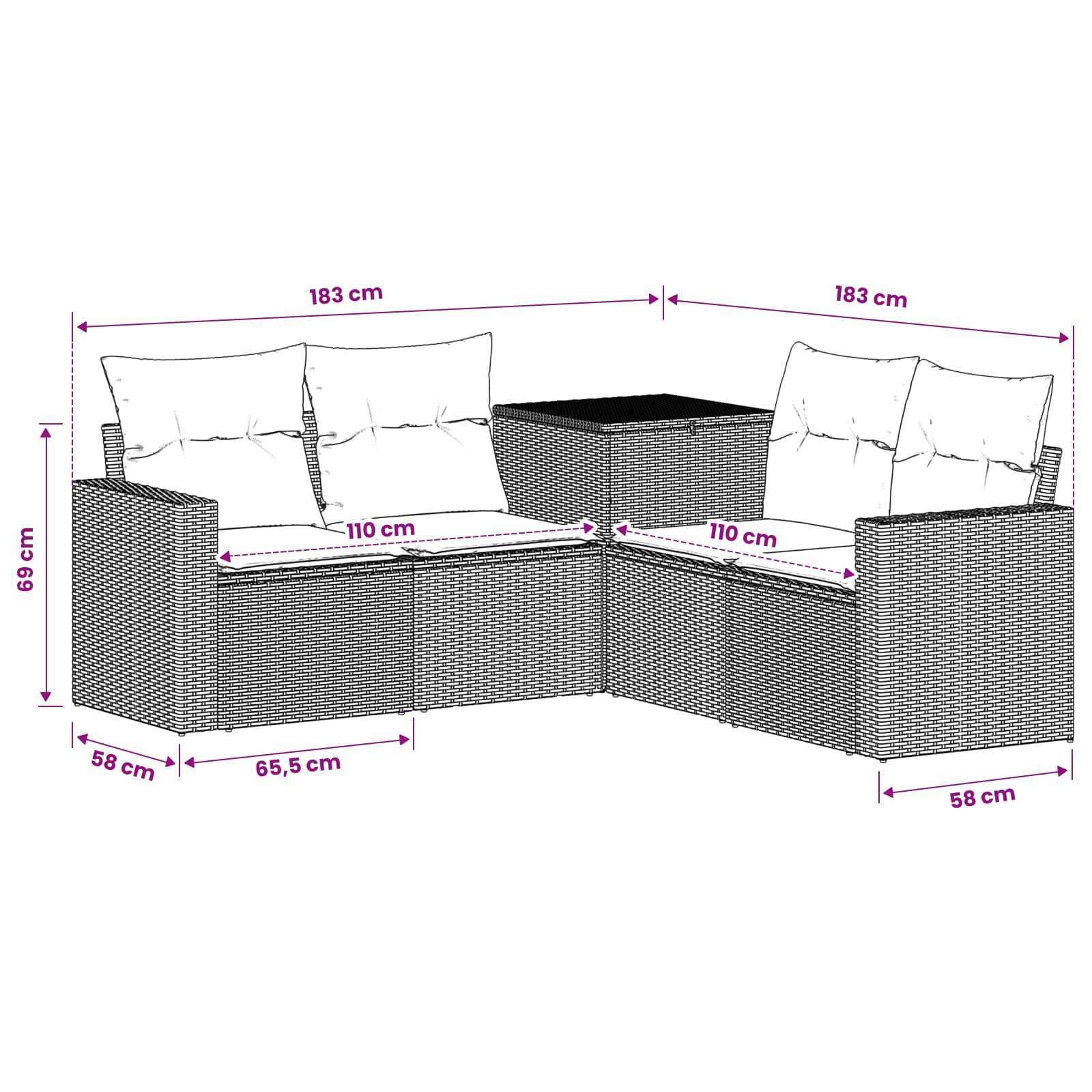 Diagramm eines L-förmigen Außenpolster-Sofasets aus Rattan mit Eckentisch mit Abmessungen: 183 cm Seitenlängen, 110 cm Sitzfläche, 69 cm Höhe, 58 cm Tiefe.
