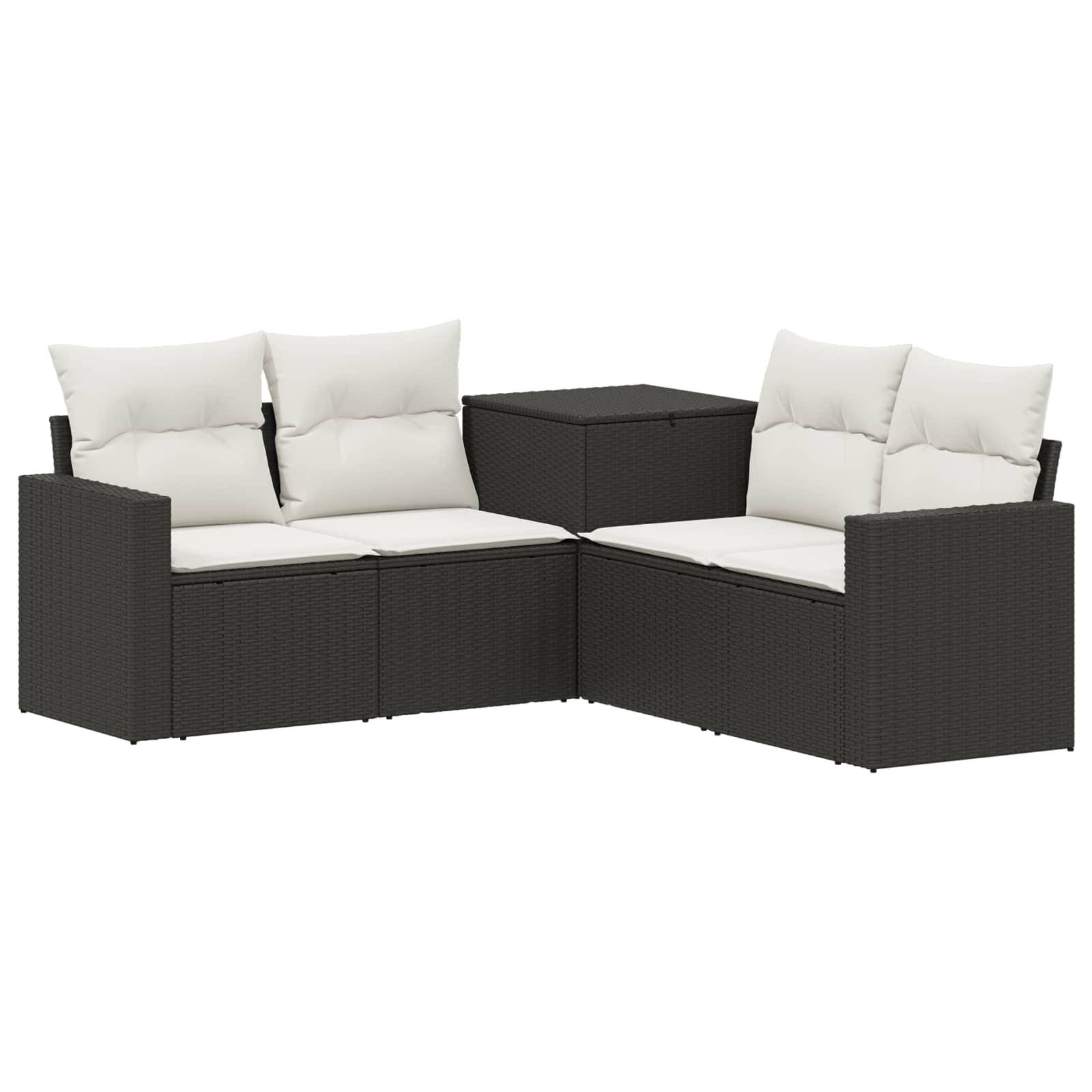 Dunkles Rattan-Außen-Ecksofa mit weißen Kissen und passendem Ecktisch auf weißem Hintergrund.