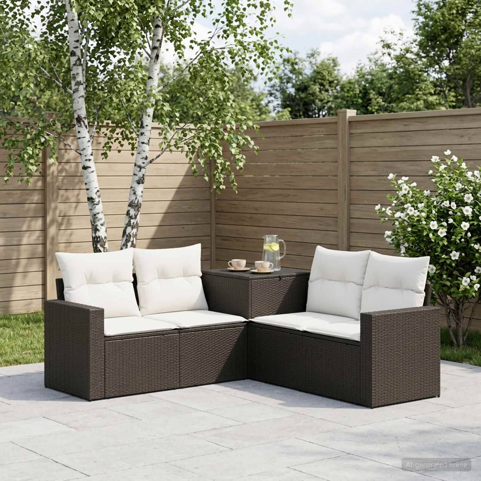 Gartenplatz-Sitzgruppe mit zwei dunklen Korbliebessitzen und weißen Kissen um einen kleinen Tisch, neben einem Holzzaun und Birkenbäumen.