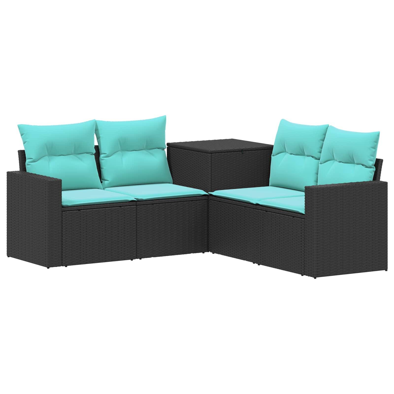 Schwarzes Rattangeflecht-Ecksofa für den Außenbereich mit türkisfarbenen Kissen und passendem quadratischen Beistelltisch auf weißem Hintergrund.