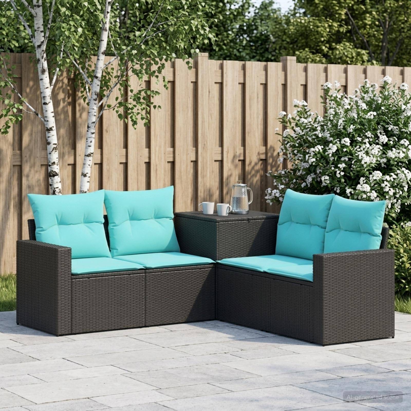 Außensitzgarnitur auf der Terrasse mit zwei dunkelgeflöchtenen Zweisitzern, türkisfarbenen Kissen und einem kleinen Tisch mit Tassen und einer Kanne im Garten.