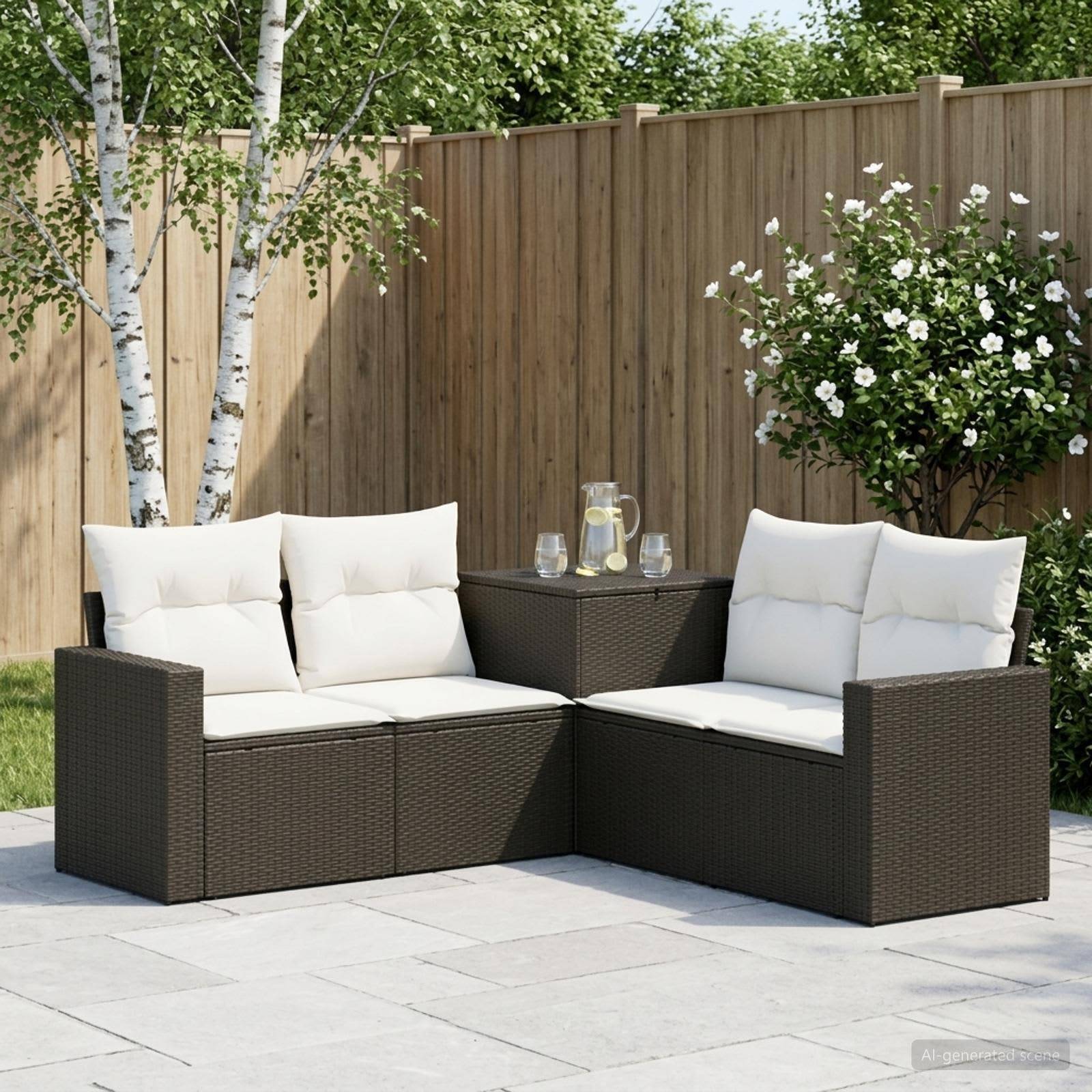 Outdoor-Rattanecksofa der Terrasse mit weißen Kissen neben einem kleinen Tisch und Getränken auf einer gepflasterten Terrasse, vor einem Holzzaun und Grünflächen.